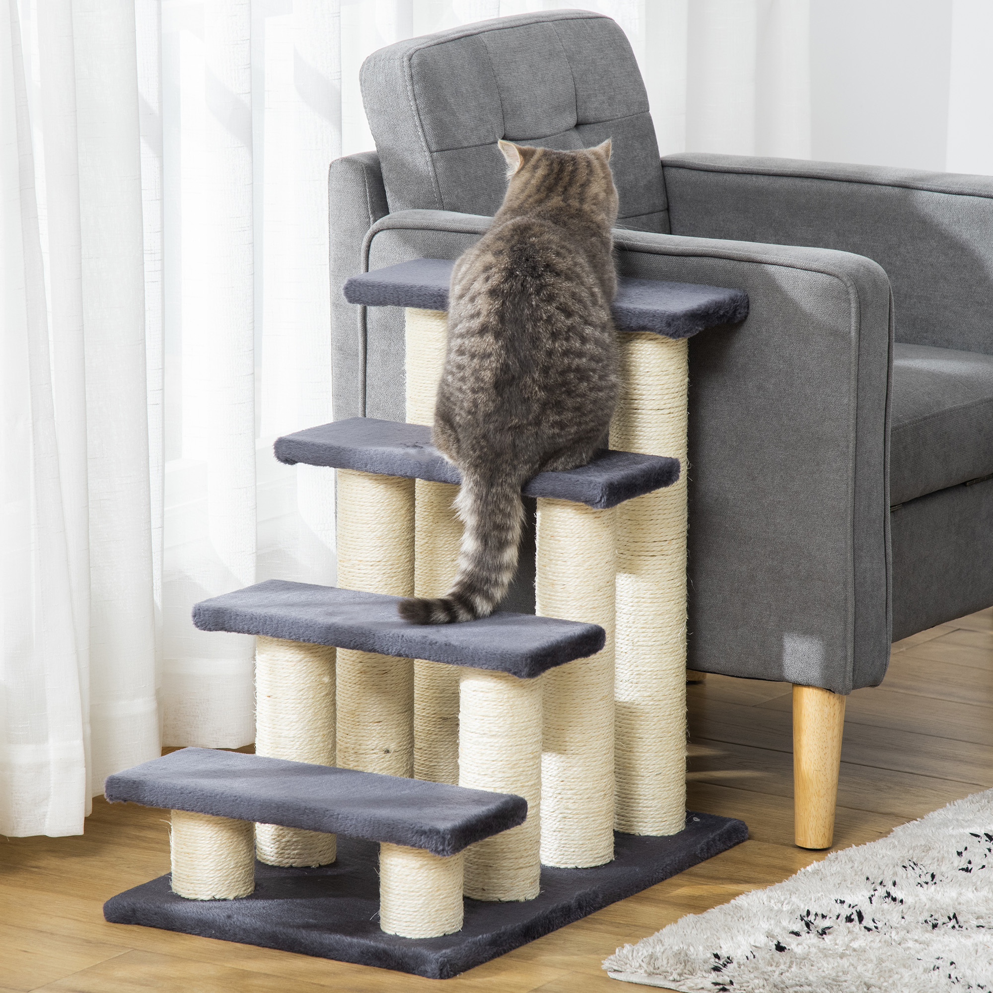 Katzentreppe 4-stufige Haustiertreppe 59 cm hoch Hundetreppe für Katzen aller Größen Hunderampe Einstiegshilfe für Bett, Sofa, Couch Grau