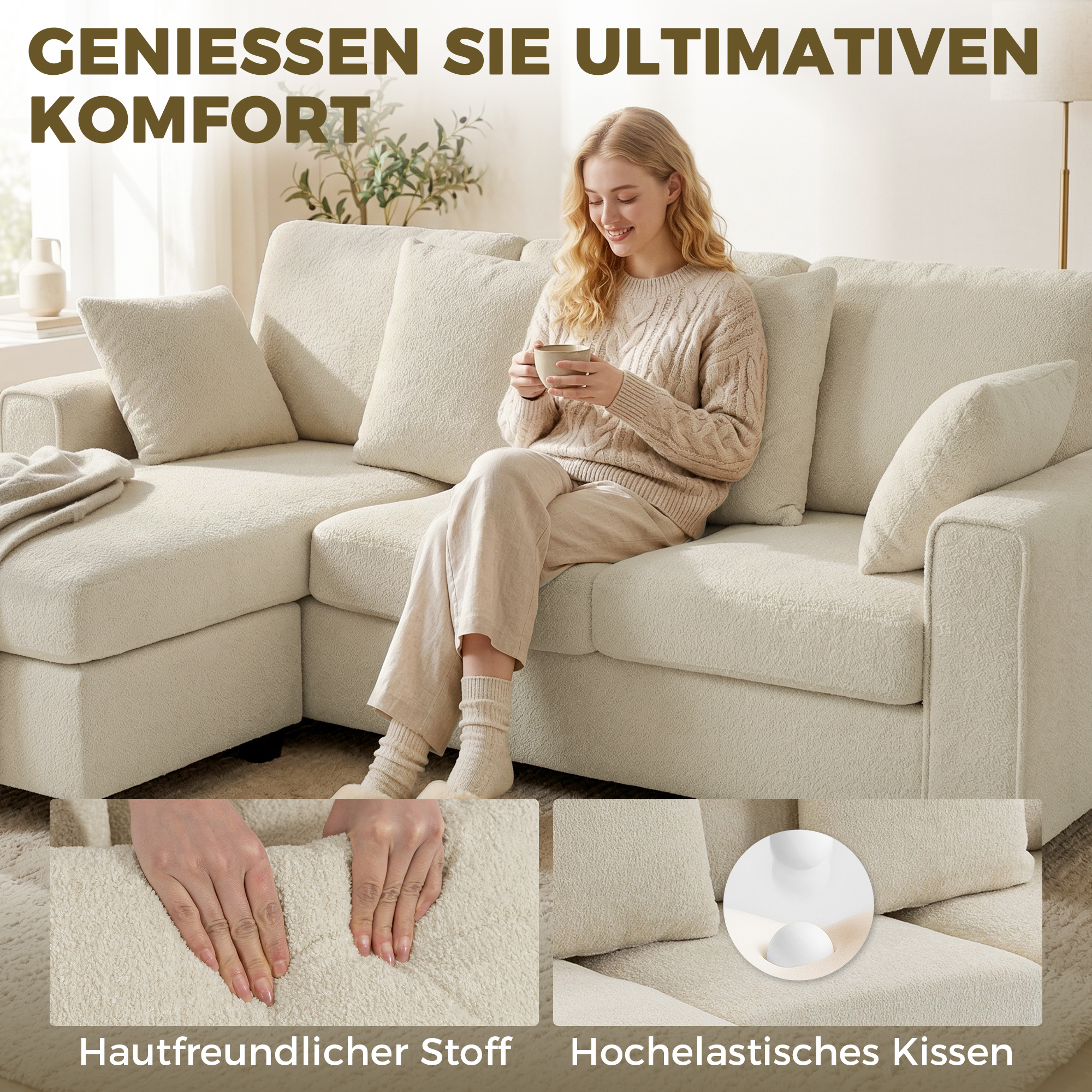 Ecksofa mit umkehrbarer Chaiselongue, 3-Sitzer Sofa mit Samtoptik, breite und tiefe Sitzfläche, Federkissen, Beige