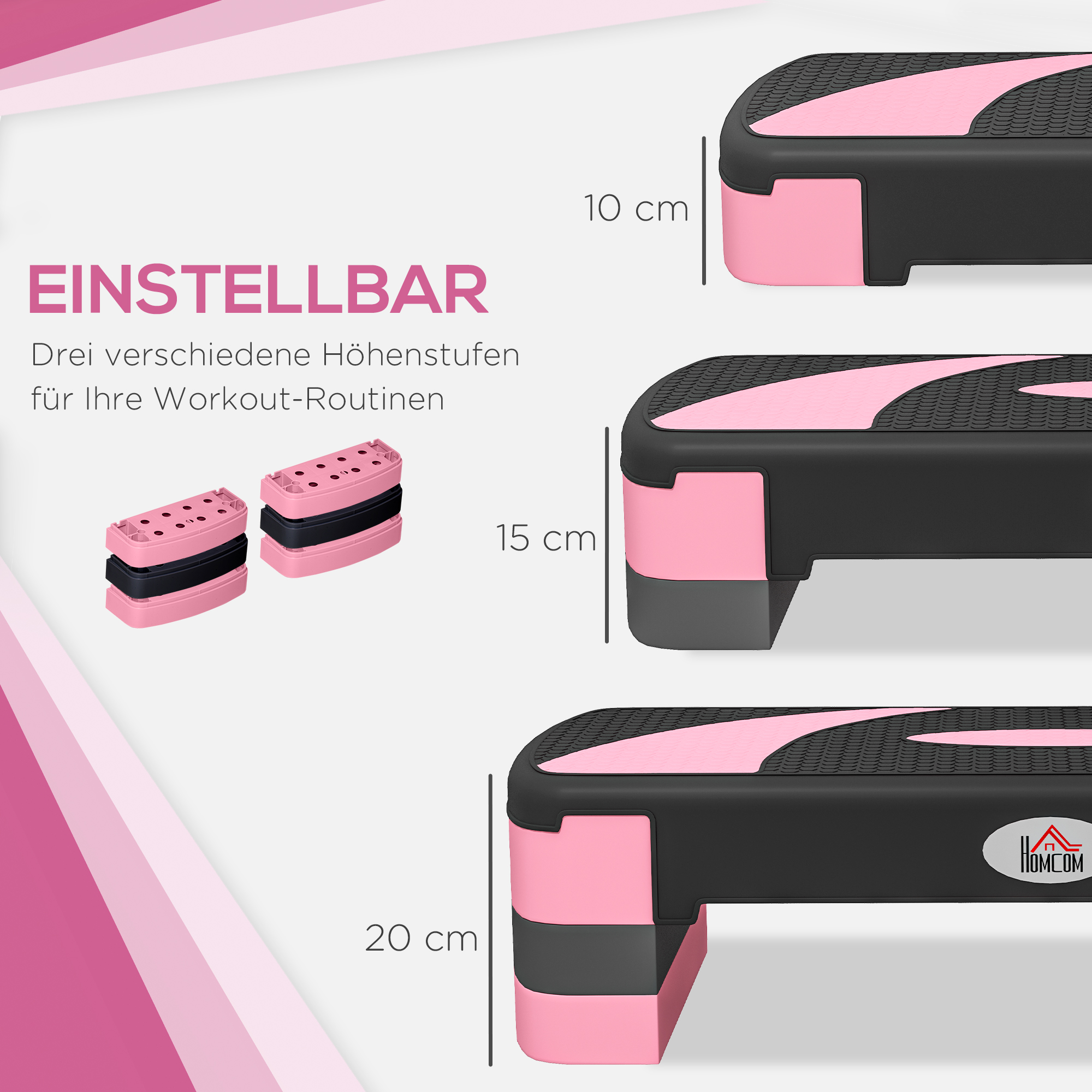 Aerobik-Stepper, höhenverstellbar, 80 x 31 x 10/15/20 cm, bis 150 kg, Schwarz/Rosa/Grau