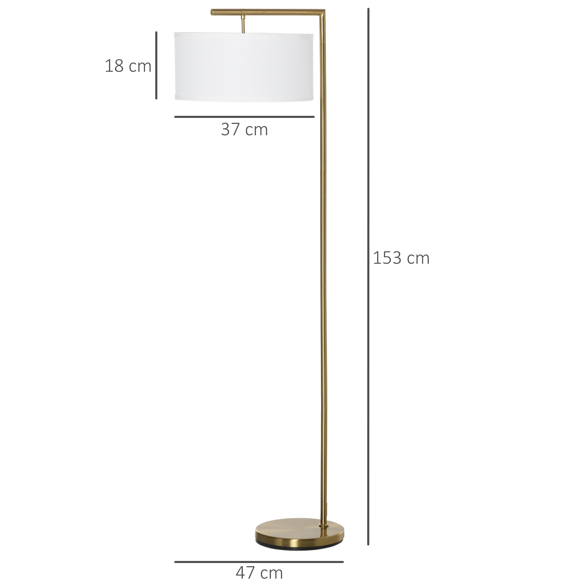 Stehleuchte, Stehlampe, E27 Sockel, Goldoptik, weißer Stoffschirm, Fußschalter, Stahl, 47 x 37 x 153 cm