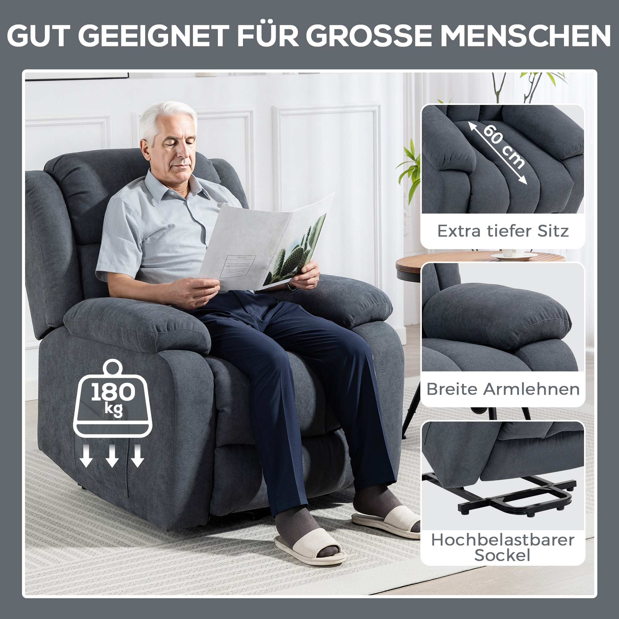 Fernsehsessel mit Aufstehhilfe Relaxsessel mit Liegefunktion, Massagefunktion, 93x91x103 cm,dunkelgrau