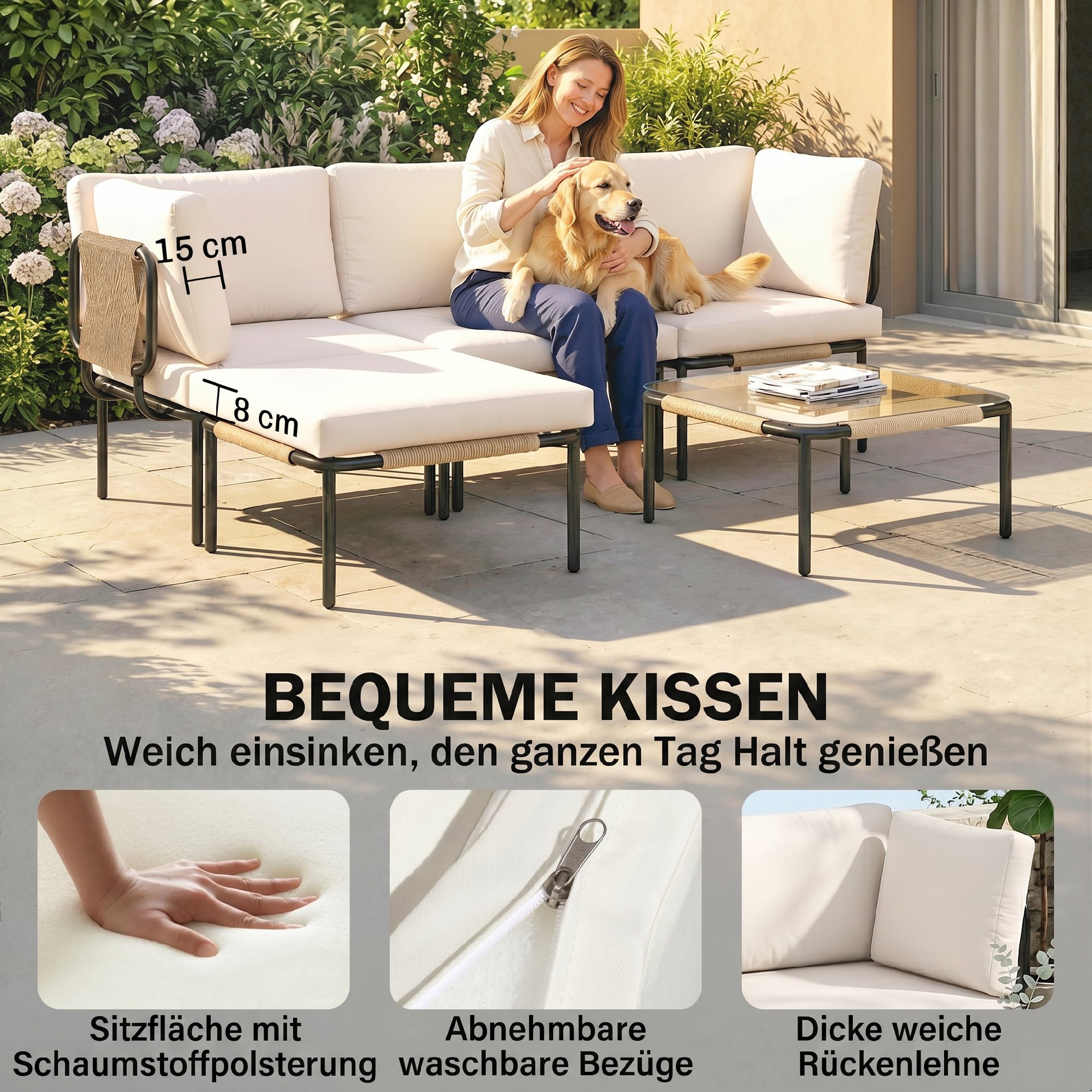 Polyrattan Gartenmöbel Set 5-teilig Lounge Set mit 3 Sessel Glastisch Hocker Breit & Tief Sitz abnehmbar Kissen