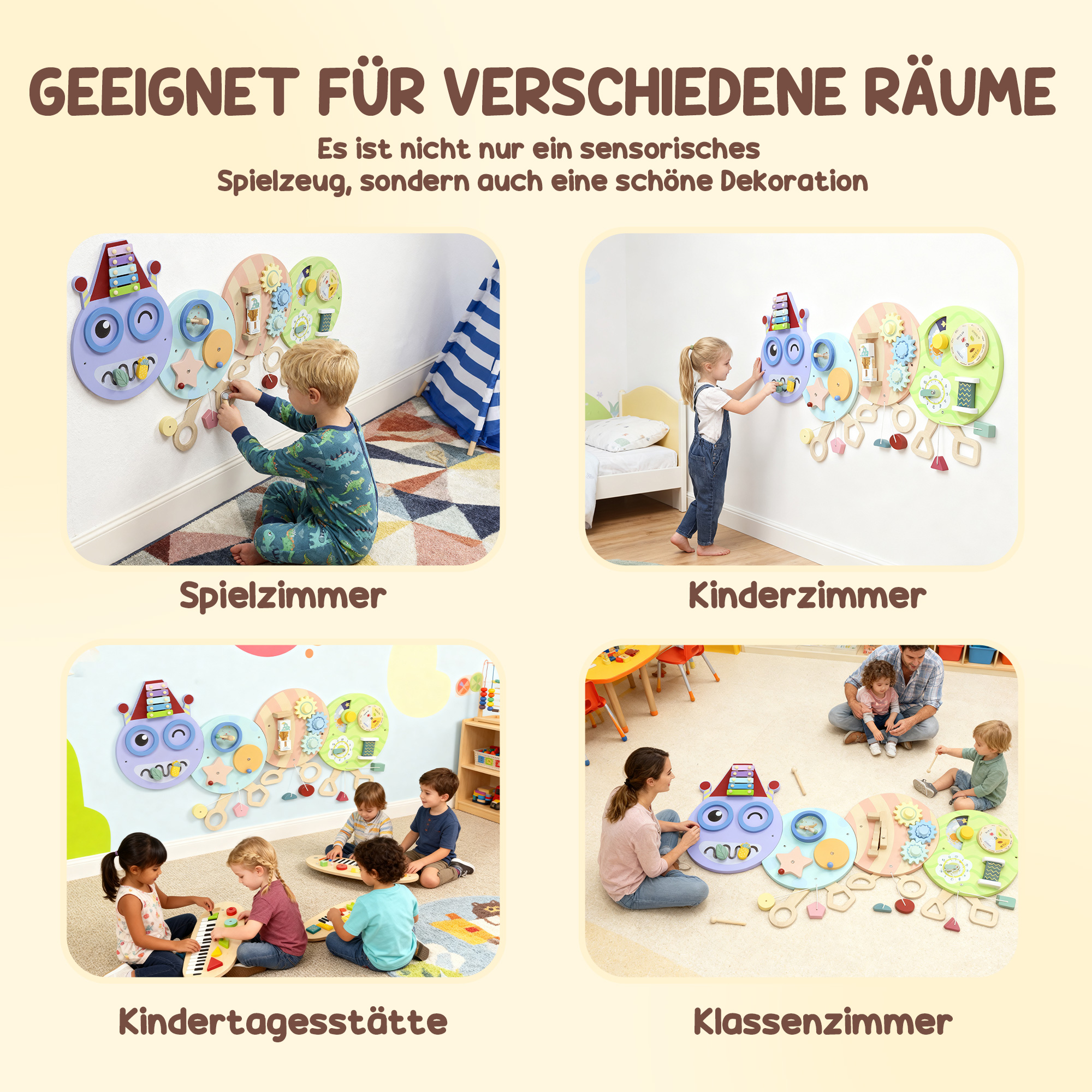 7-in-1 Wandspielzeug, Xylophon, Zahnräder, Raupen-Design, MDF, 108 cm, Bunt
