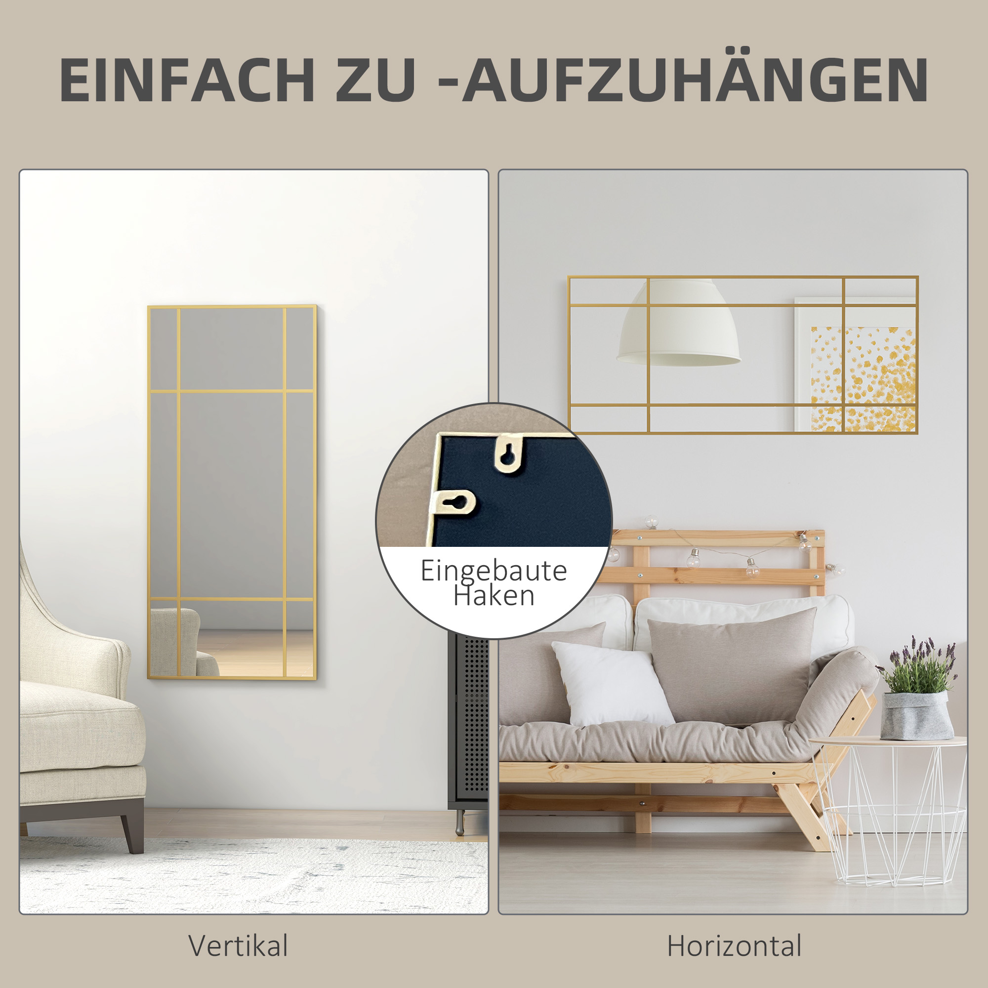 Wandspiegel, dekorativer Spiegel mit Metallrahmen, goldfarbene Streifen, Mehrschichtglas, 110B x 2T x 50H cm