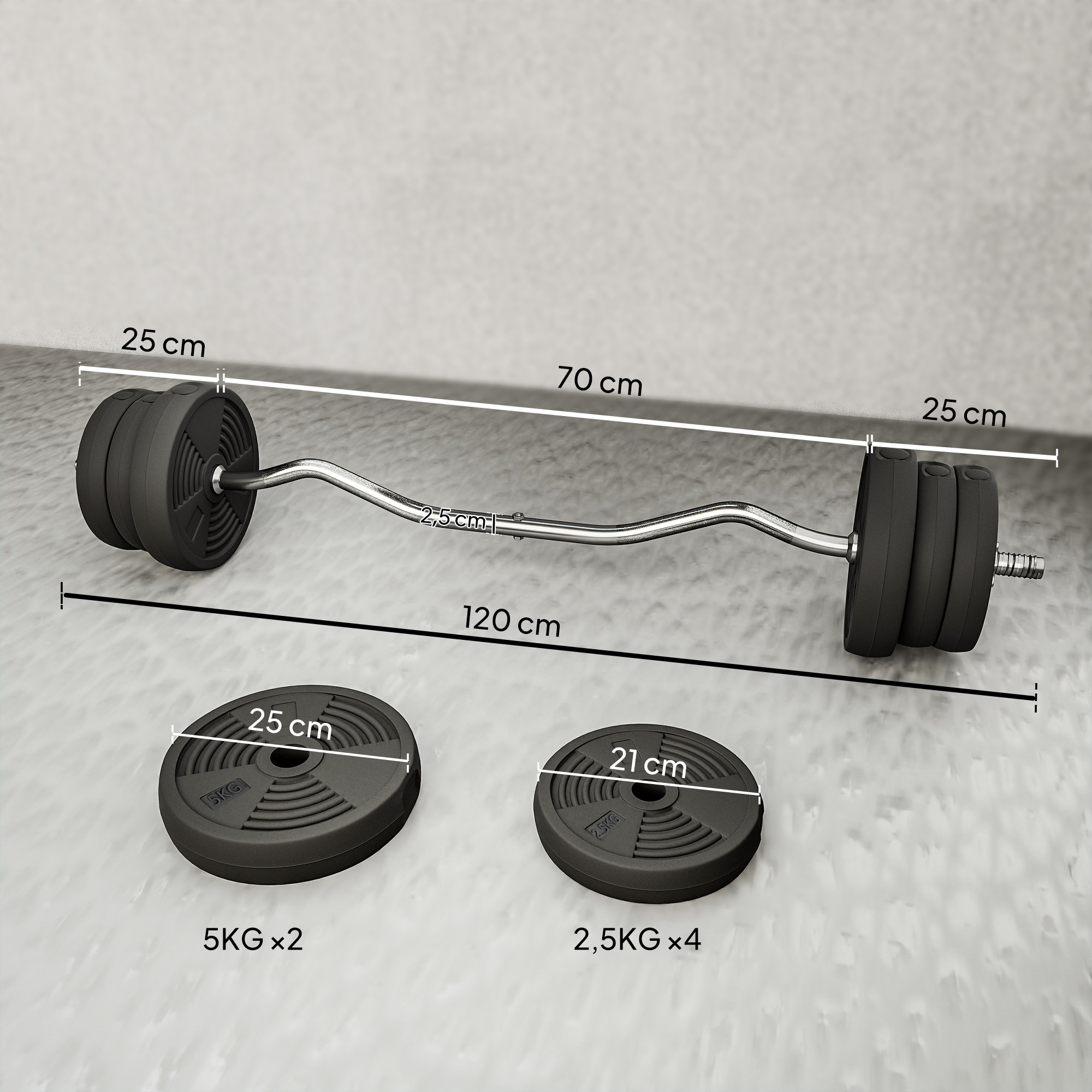 Langhantel Set 25kg Rutschfeste Curlstange mit 6 Gewichten, PVC-Beschichtung, Hantelstange aus Stahl