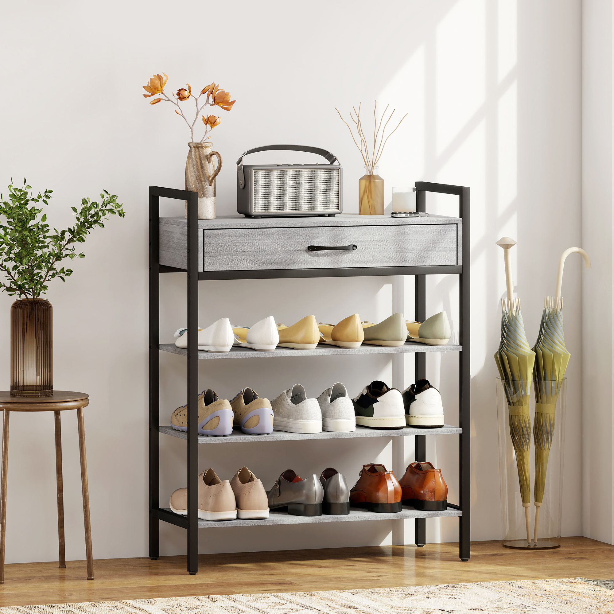 4-stufiges Schuhregal, Flurregal für bis zu 9 Paar Schuhe, Spanplatte, Metall, Grau