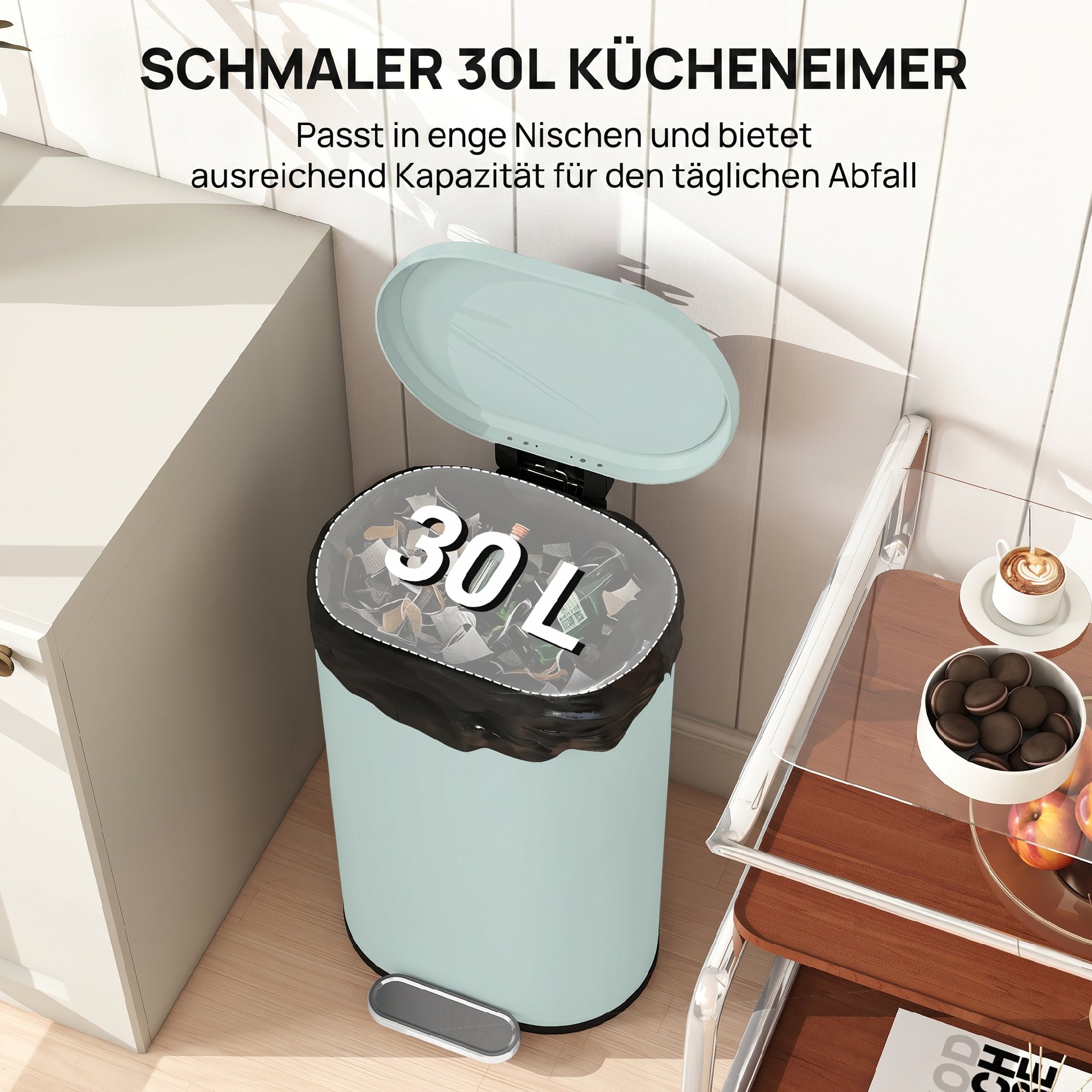 Mülleimer Küche 30 Liter Treteimer mit Soft-Close-Deckel, Pedal aus Metall, Grün, 36,5 X 31 x 61 cm
