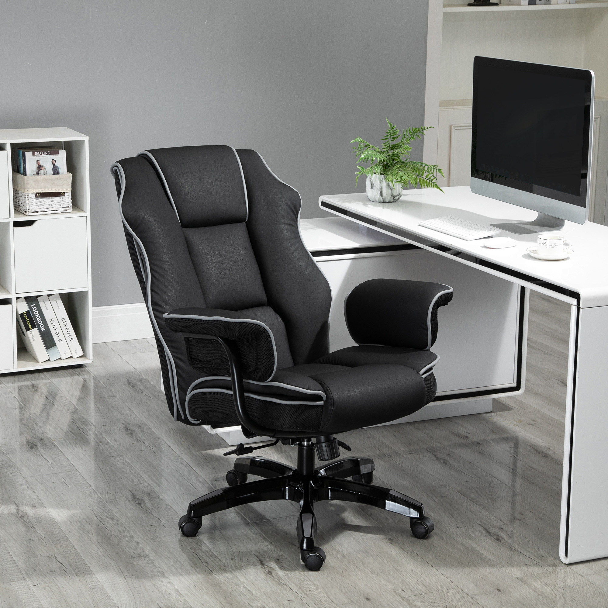 Bürostuhl, Ergonomisch Schreibtischstuhl mit Liegefunktion, Drehfunktion, Höhenverstellbar Computerstuhl für Home-Office, Kunstleder, Schwarz