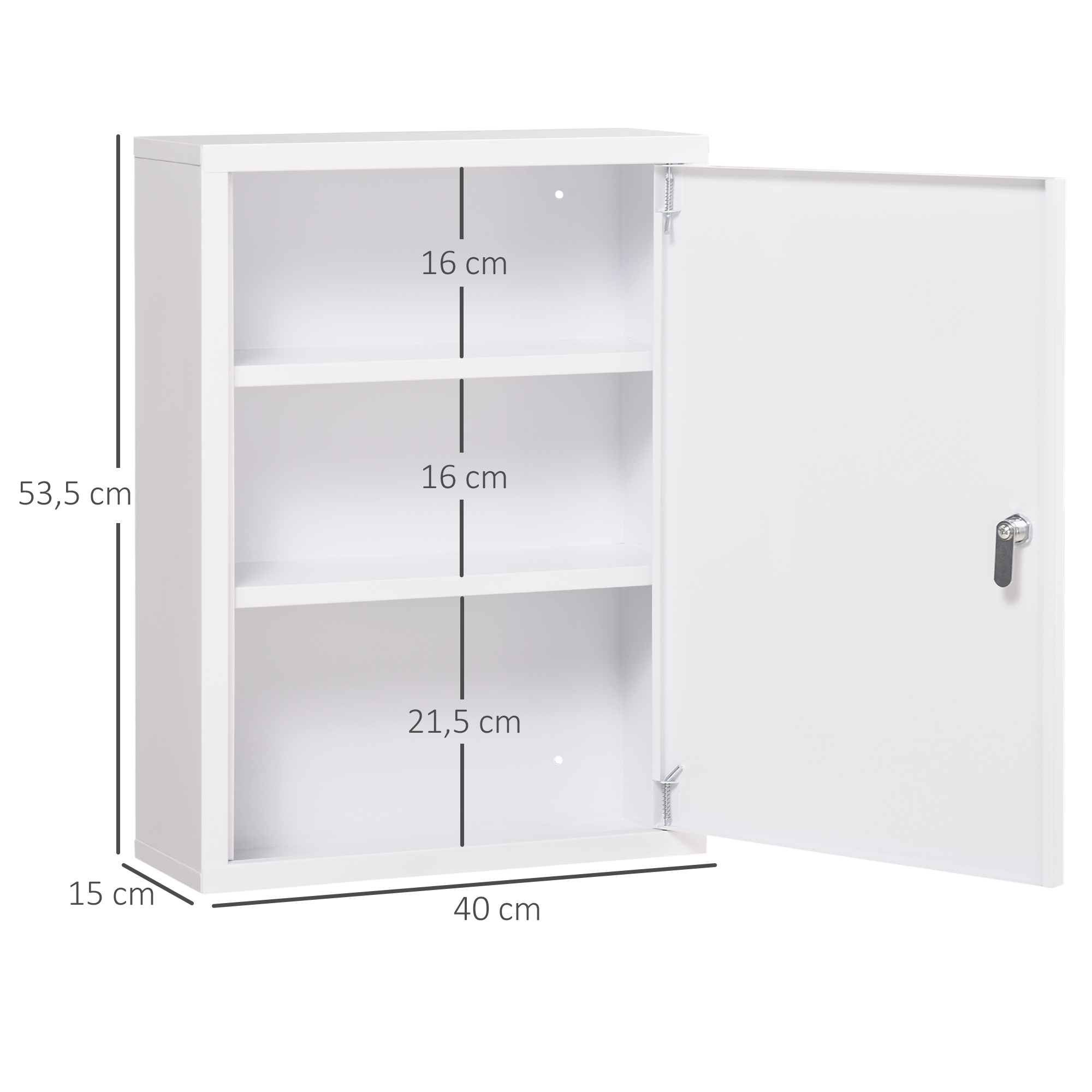 Medizinschrank, 3 Fächer, abschließbare Tür, stabiles Stahlgehäuse, weiß, 40 x 15 x 53,5 cm