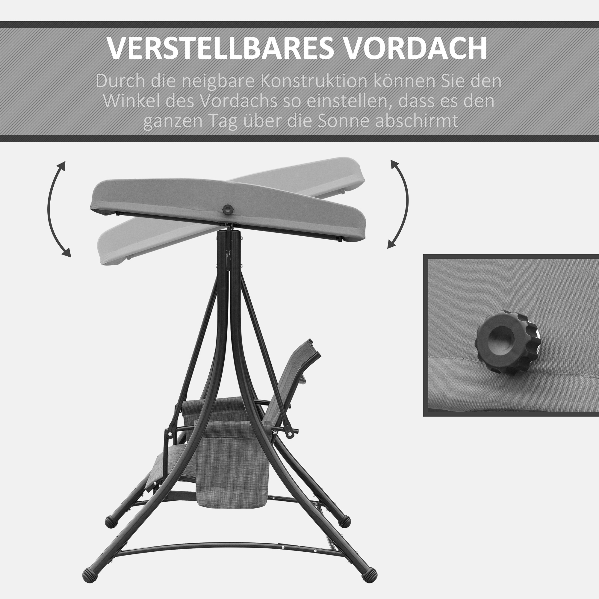 Hollywoodschaukel mit Seitentasche, 3-Sitzer Gartenschaukel mit verstellbarem Sonnendach, Schaukelbank belast bis 300kg, für Garten, Terrasse, 196 x 128 x 172 cm, Dunkelgrau