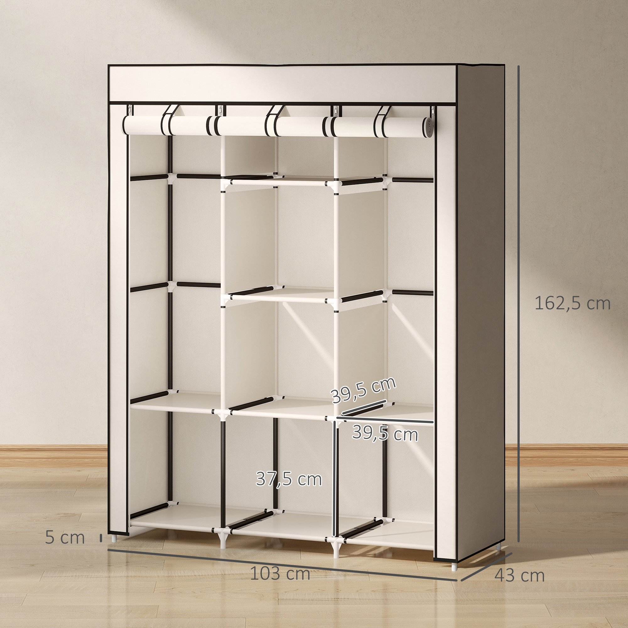 Schrank aus Stoff, Aufbewahrungslösung, 8 Regale, 2 Kleiderstangen, Cremeweiß