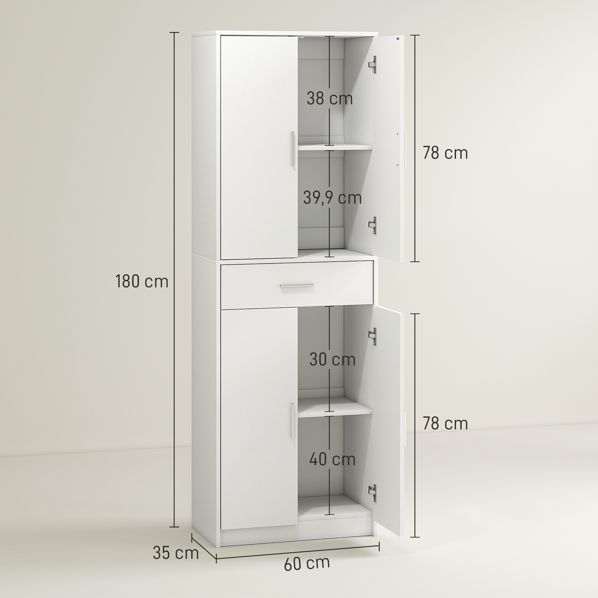 Küchenschrank, 3-stufig verstellbare Regale, Spanplatten, MDF, viel Stauraum, Weiß