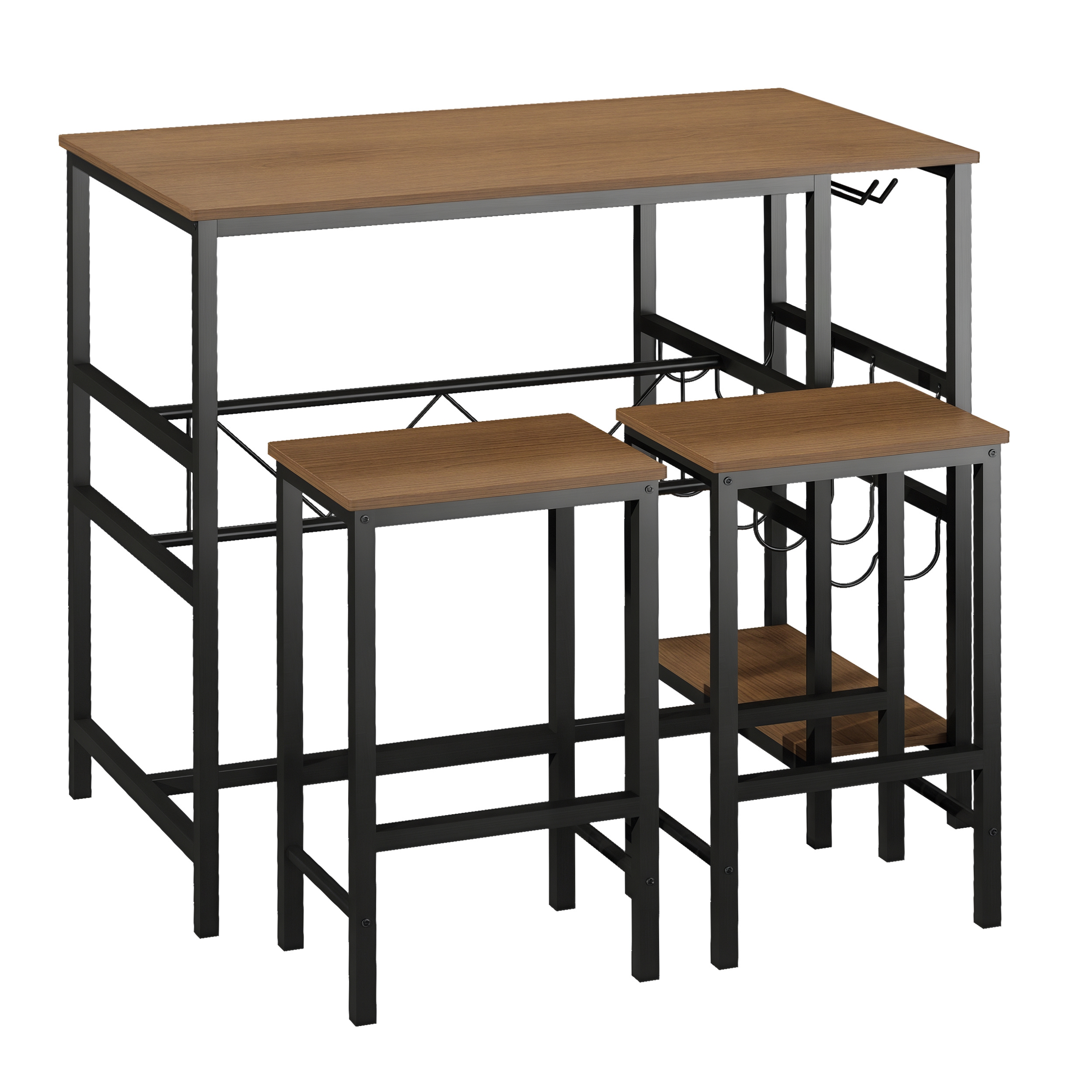 Bartisch-Set, Stehtisch mit 2 Barhockern, 3-teiliges Tischset Küchentresen mit Flaschenhalterung Spanplatte, Stahl, Natur+Schwarz, 108 x 60x 95H cm Bartisch-Set, Stehtisch mit 2 Barhockern, 3-teiliges Tischset Küchentresen mit Flaschenhalterung Spanplatte, Stahl, Natur+Schwarz, 108 x 60x 95H cm