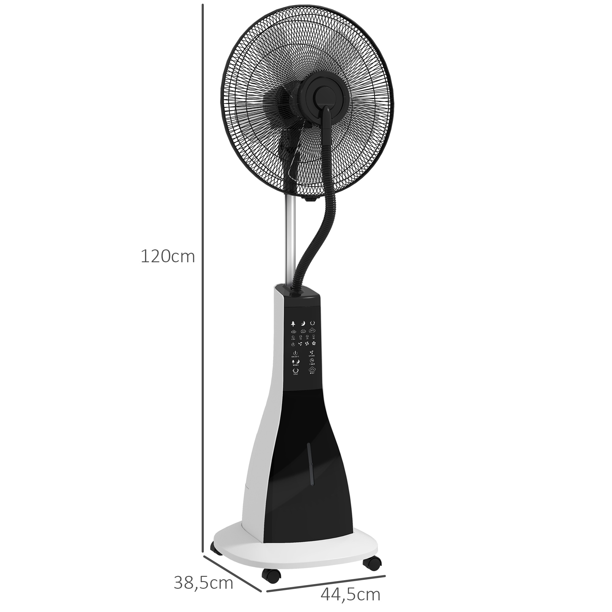 Standventilator mit Luftbefeuchtung, leise, mobil, Fernsteuerung, Schwarz/Weiß