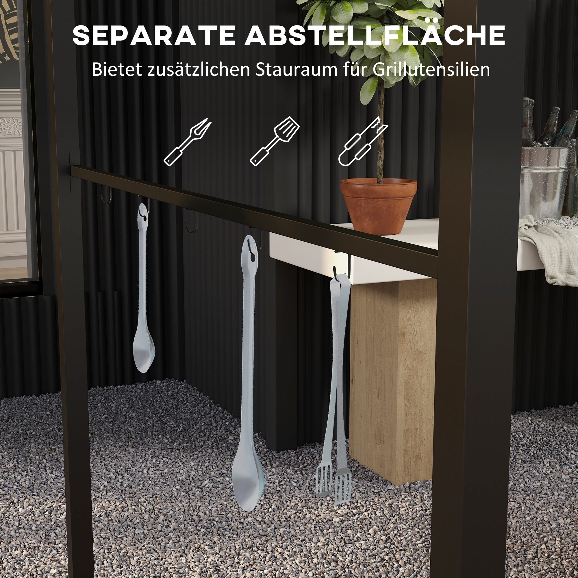 Grillpavillon, Grillüberdachung, Regenschutz, Haken für Utensilien, Stahlrahmen, Dunkelgrau, 215 x 150 x 182/220 cm