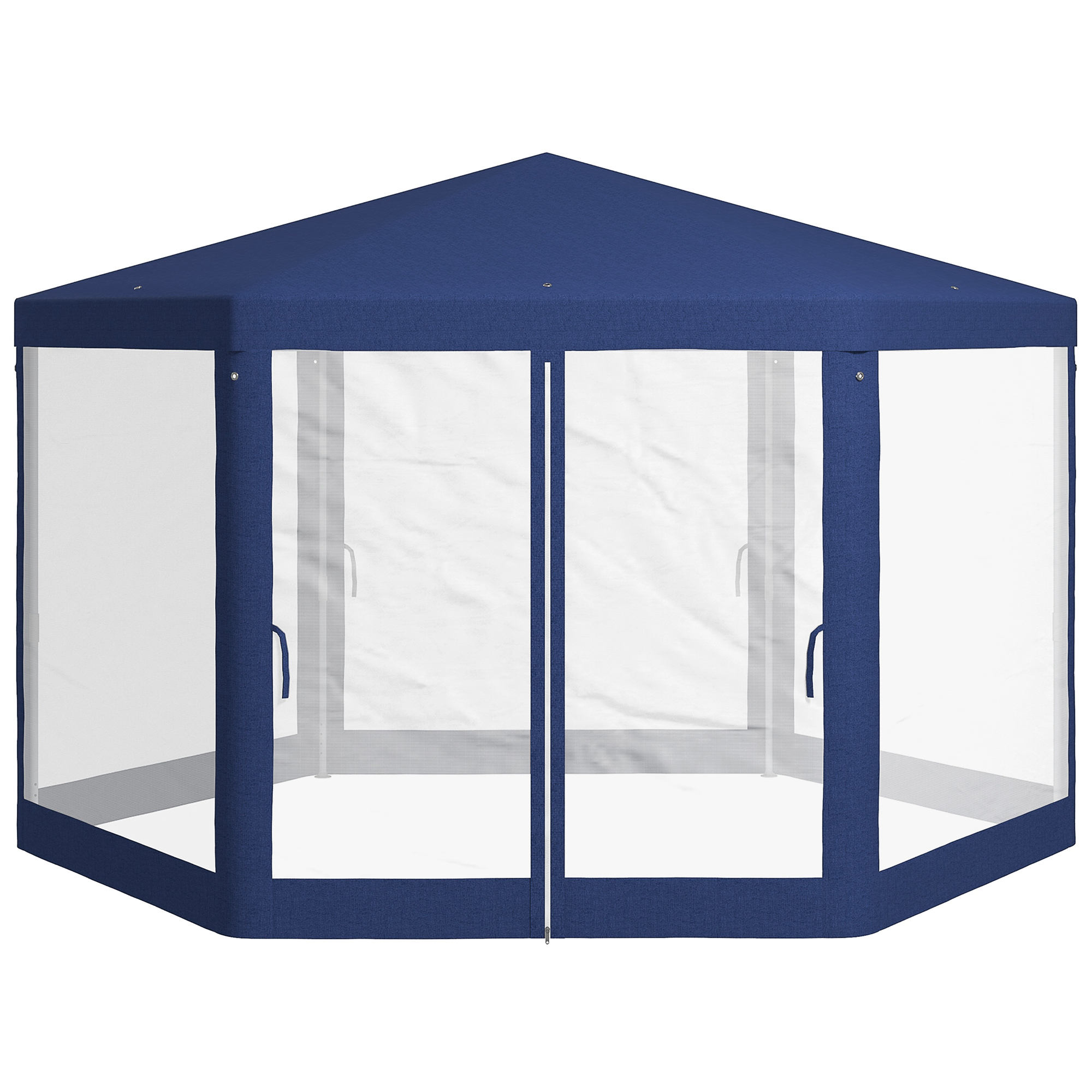 Gartenpavillon, 6-eckig, Netzvorhänge, Metallgestell, 3,94x3,412x2,5m, Blau