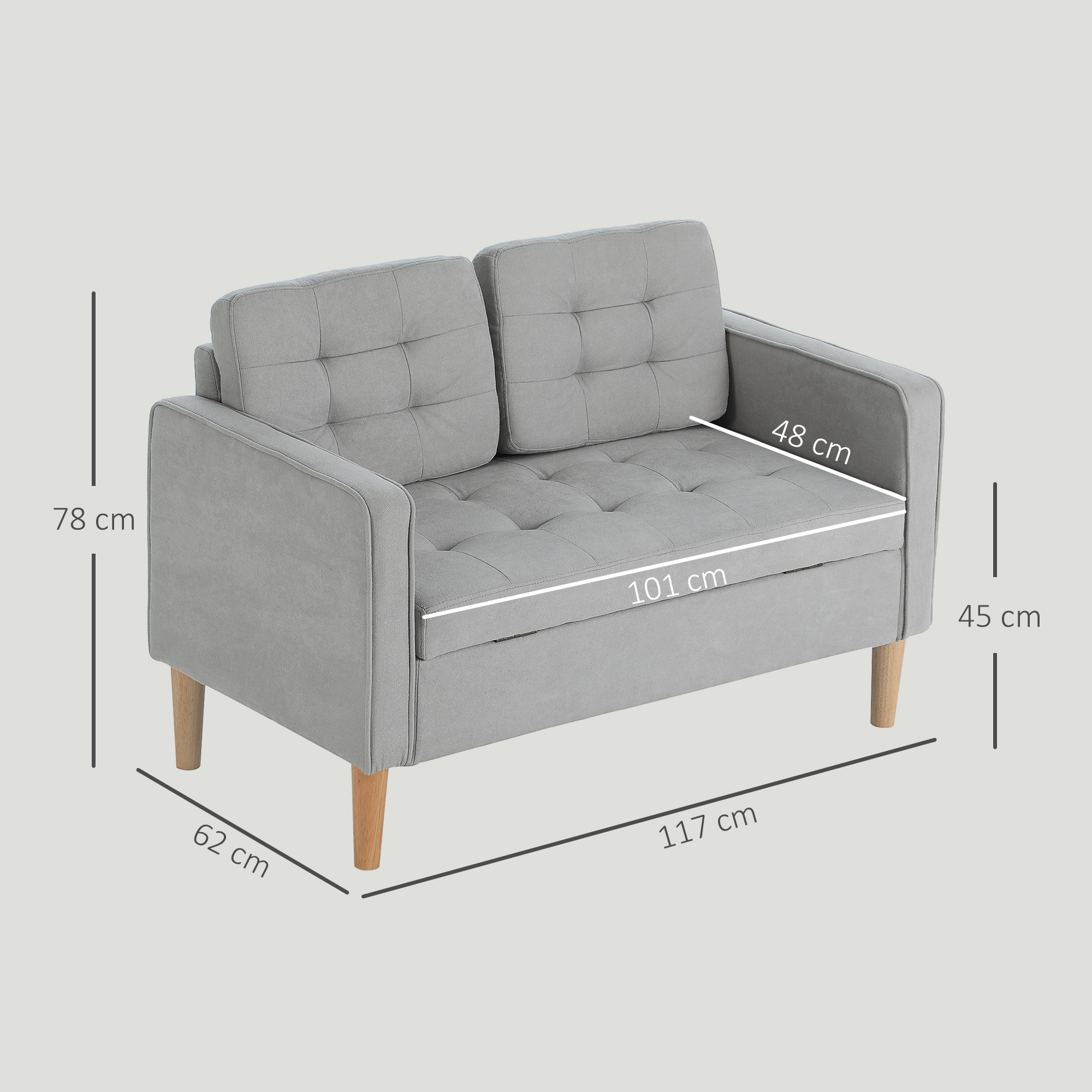Zweisitzer-Sofa mit Stauraum, Knopfheftung, Kissen, Kautschukbaumholz, 117x62x78cm, Hellgrau