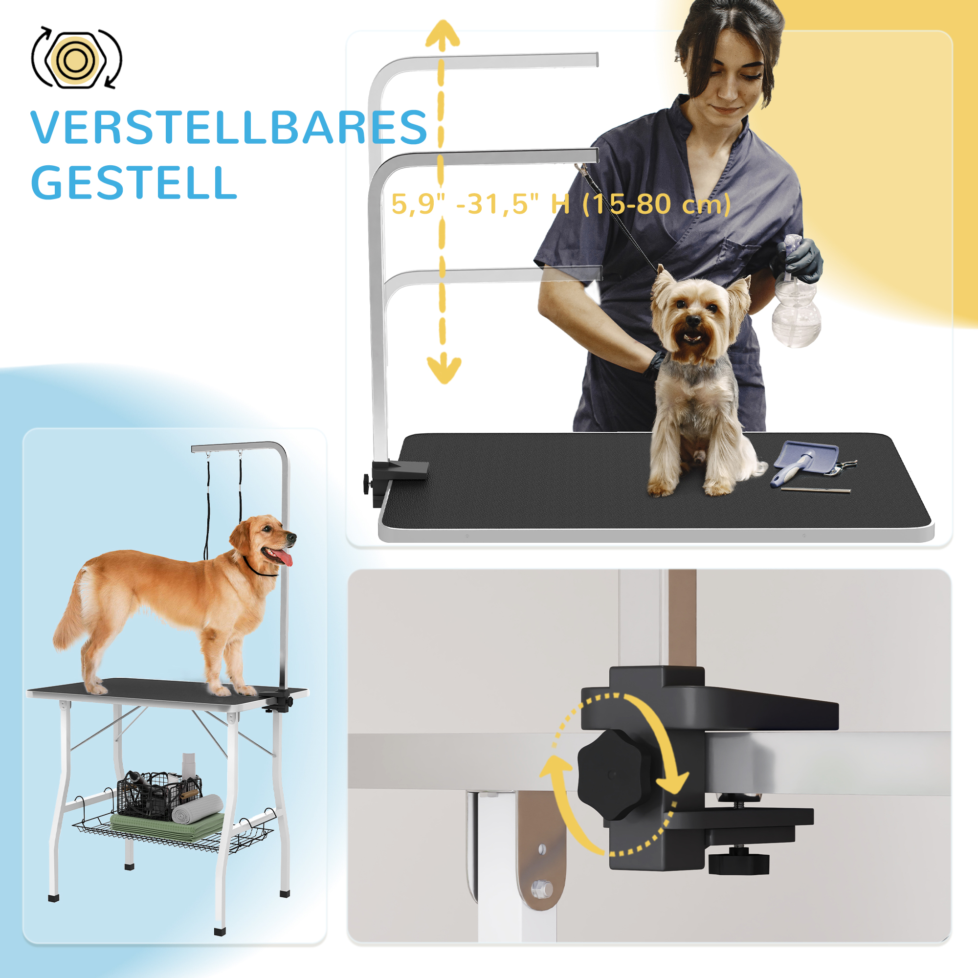 Hundepflegetisch, Frisiertisch mit einstellbarem Arm, Aufbewahrungsfach, Gummioberfläche, 90 x 60 x 76 cm, Schwarz