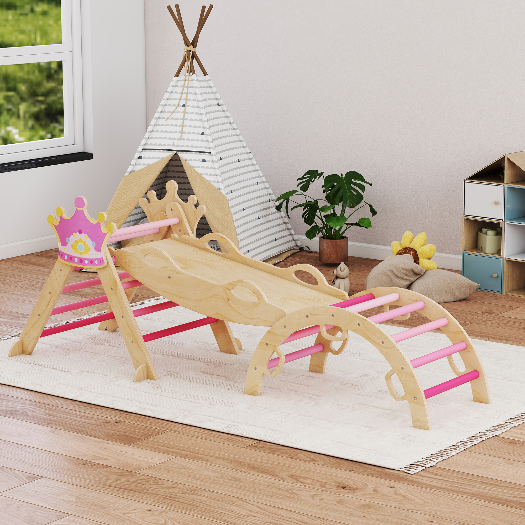 8-in-1 Indoor-Klettergerüst für Kinder, Prinzessinnen-Design, Rutsche, Rampe, Bogen, Holz