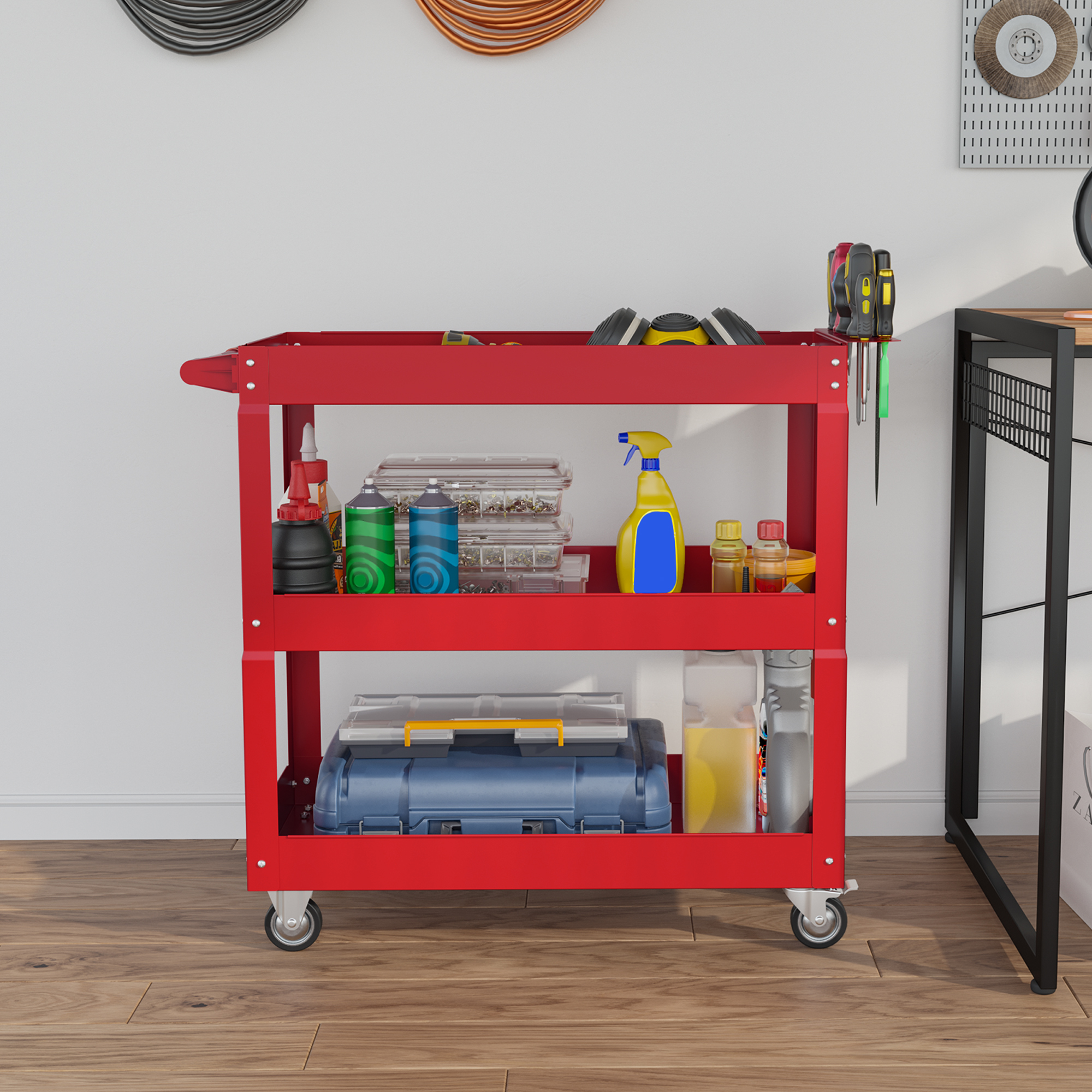 3-stufiger Werkzeugwagen, 4 Rollen, Stahl, 83B x 35,3T x 76H cm, Rot