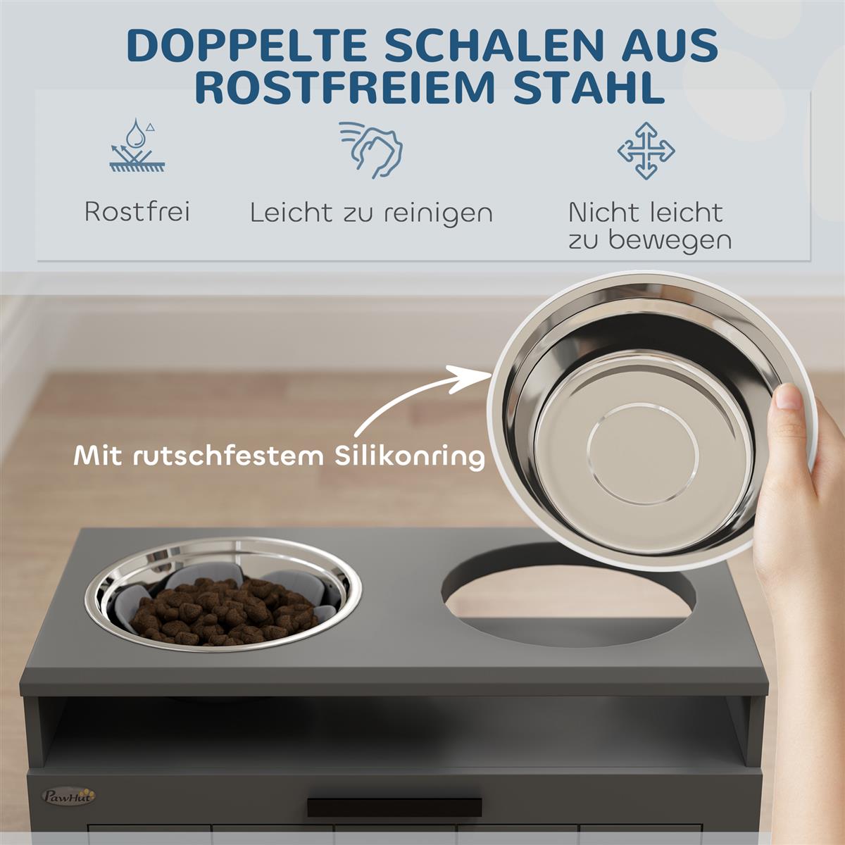 Futterstation für große Hunde, mit 2 Edelstahlnäpfen, Schublade, Futterspender für Haustiere, MDF, Stahl, Grau