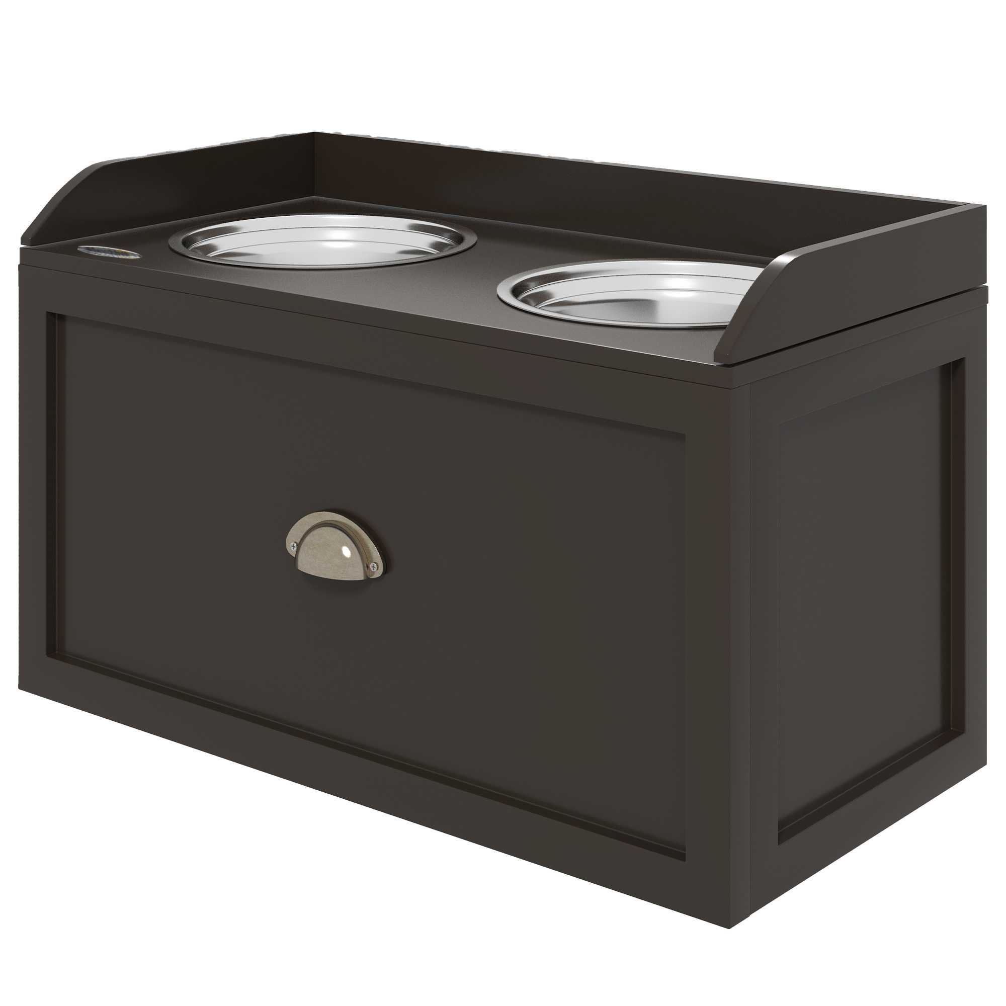Futterstation erhöhte Fressnäpfe 2 Fressnäpfe, 2 Edelstahlschalen, 1 Stauraum, 60 x 30 x36 cm, Braun Futterstation erhöhte Fressnäpfe 2 Fressnäpfe, 2 Edelstahlschalen, 1 Stauraum, 60 x 30 x36 cm, Braun