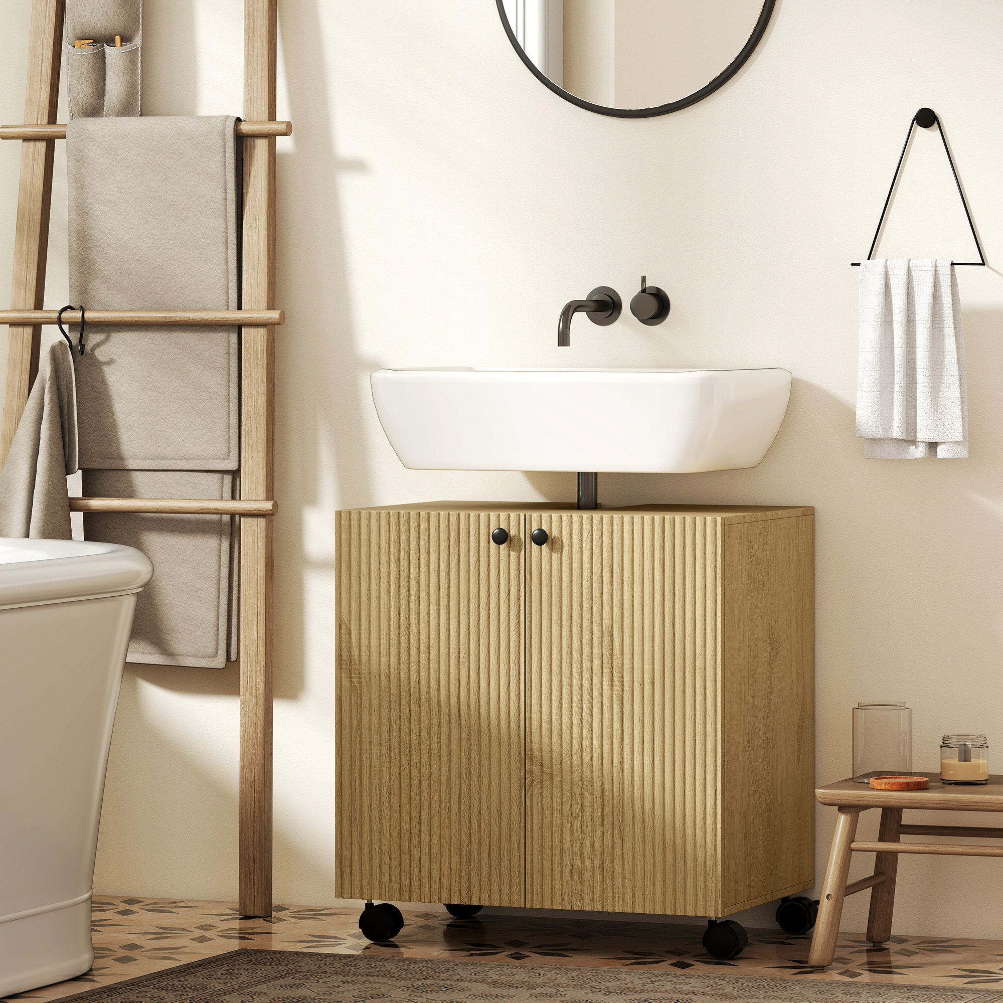 Waschbecken-Unterschrank für Badezimmer, 3-stufiges Regal, Räder, Holz