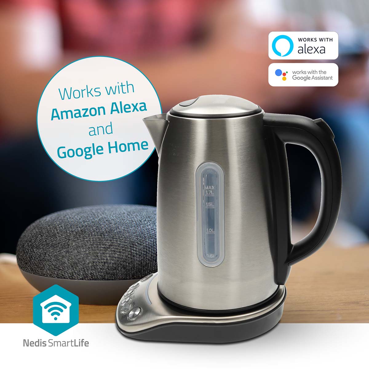 SmartLife Wasserkocher | Wi-Fi | 1.7 l | Edelstahl | 70,80,90,100 °C | Temperaturanzeige | Um 360 Grad drehbar | Verdecktes Heizelement | Strix Controller | Android? / IOS