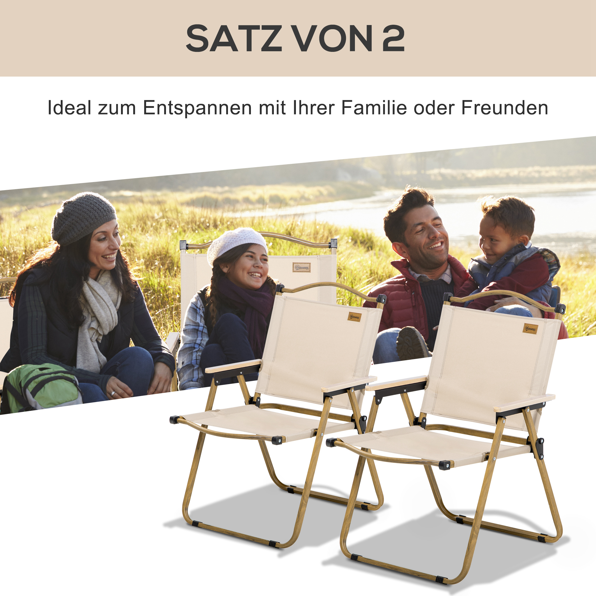 Campingstühle, 2 x Strandstuhl, faltbar, Stahl, Holzoptik, Khaki