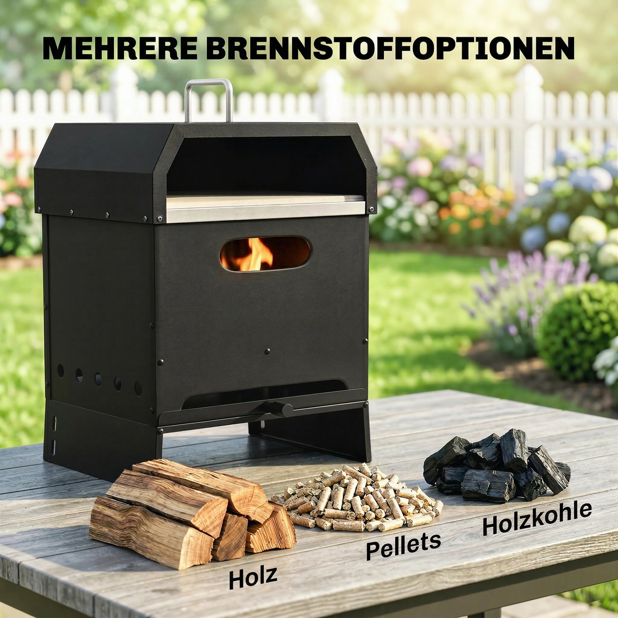 3-in-1 Outdoor Pizzaofen Holzbefeuert Pizza Ofen 2 Ebene Backofen mit Pizzastein Griffen Pizzaschaufel