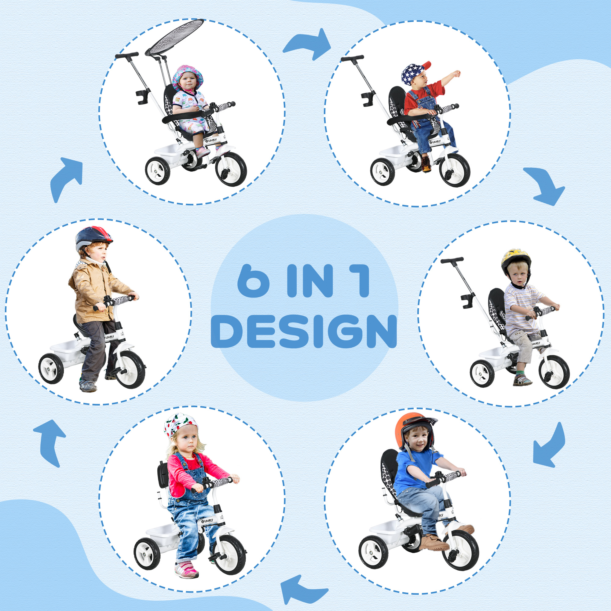 6-in-1 Kinderdreirad mit Schiebestange, Dach, Gurt, Ablagekorb, für 1-5 Jahre, Weiß