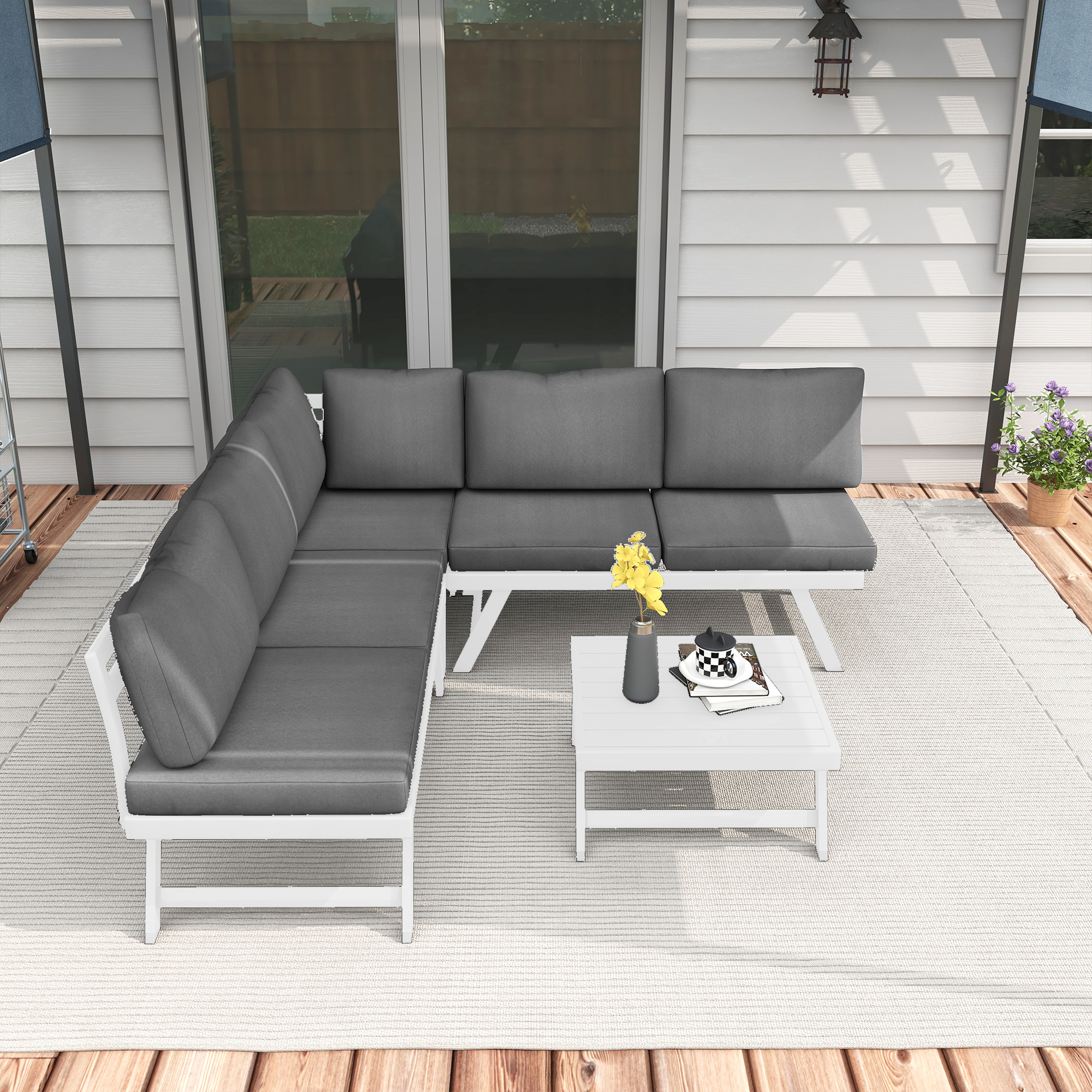 4-teilige Gartensitzgruppe Loungemöbel-Set 4-teilig, 115 cm x 61 cm x 65 cm, Grau + Weiß