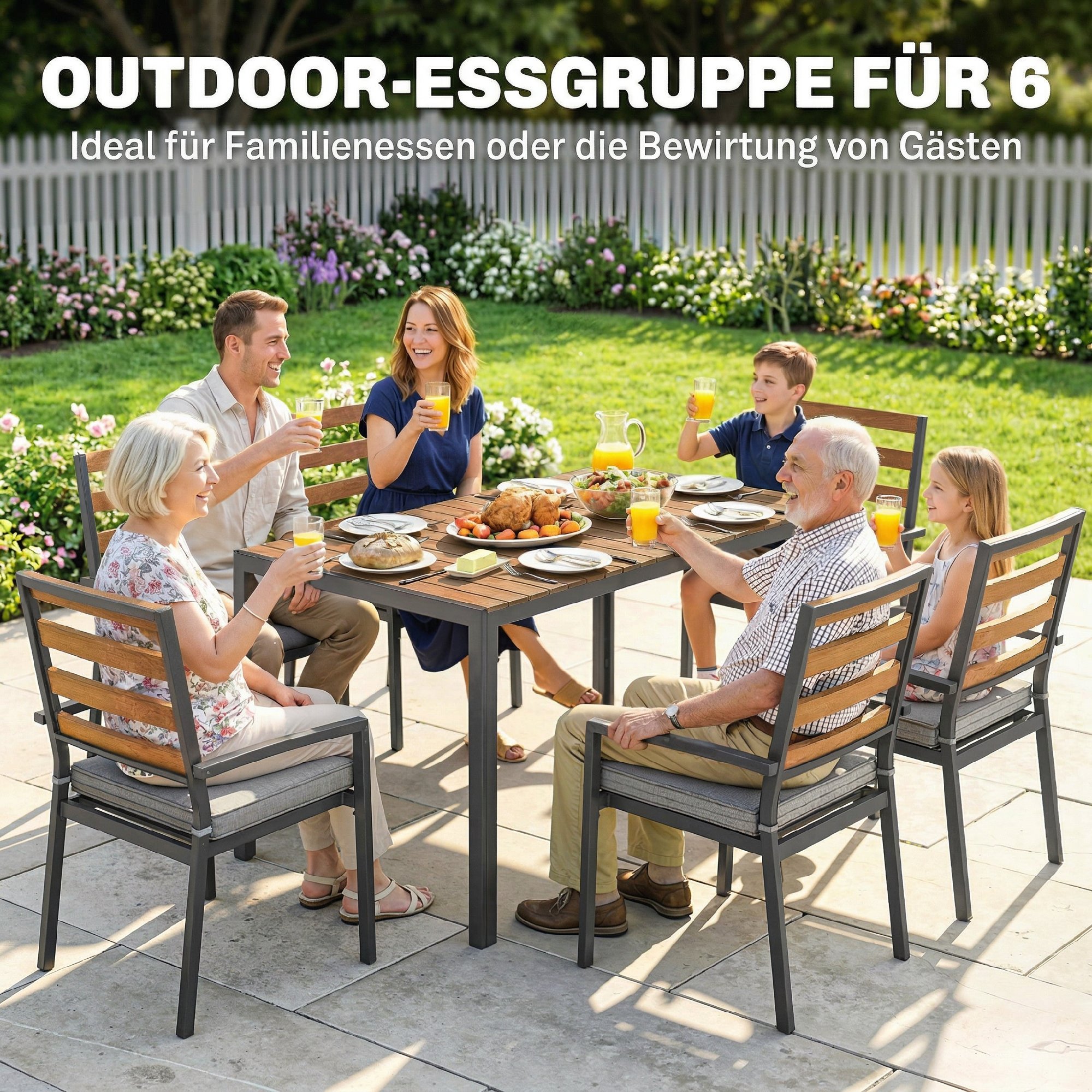 7 tlg. Sitzgruppe Gartenmöbel-Set, Gartengarnitur mit 1 Esstisch, 6 Stühlen, Kissen, für Terrasse, Naturholz