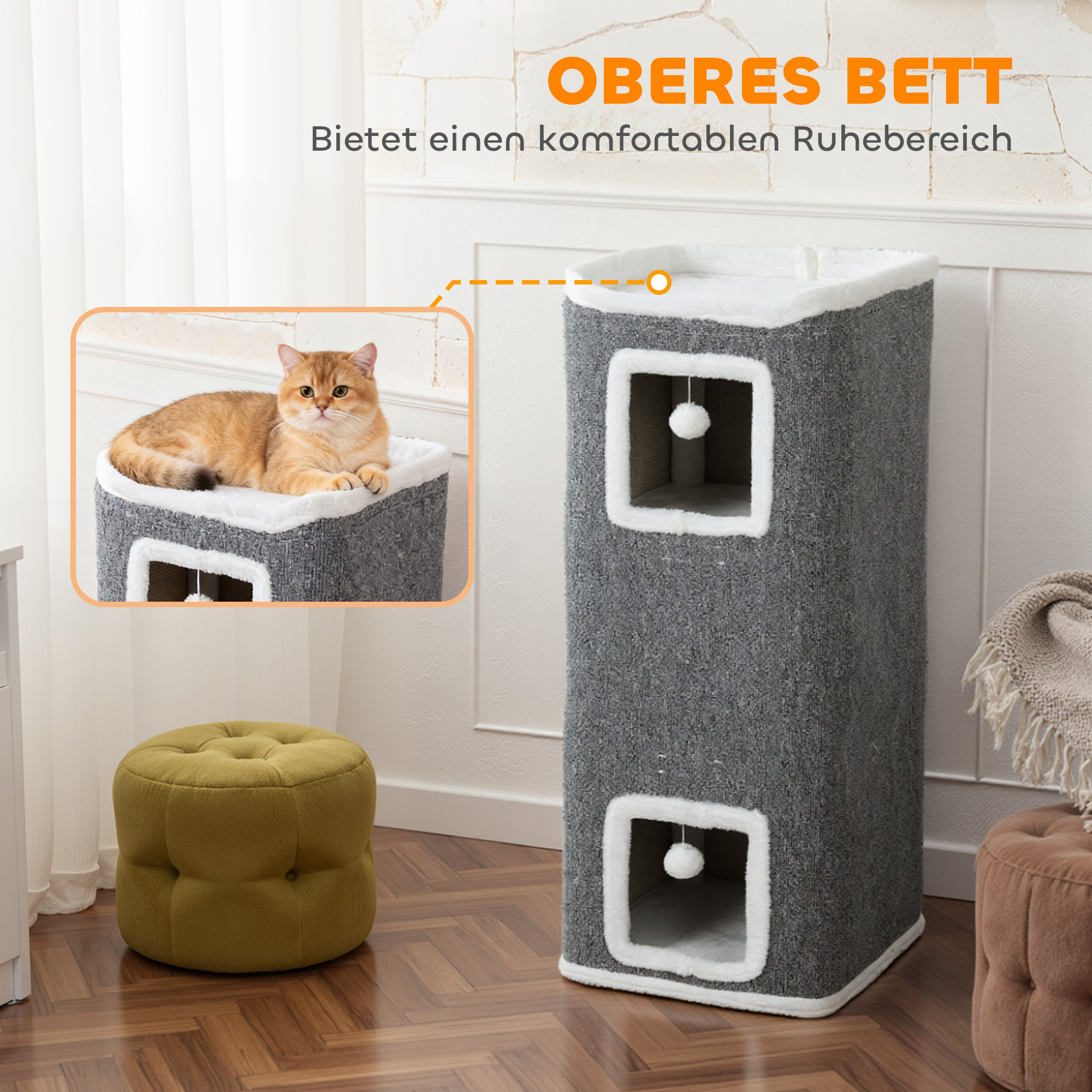 4-stufiger Katzenturm, Kratzbaum mit 3 Höhlen, Spanplatte, Spielbälle, Grau