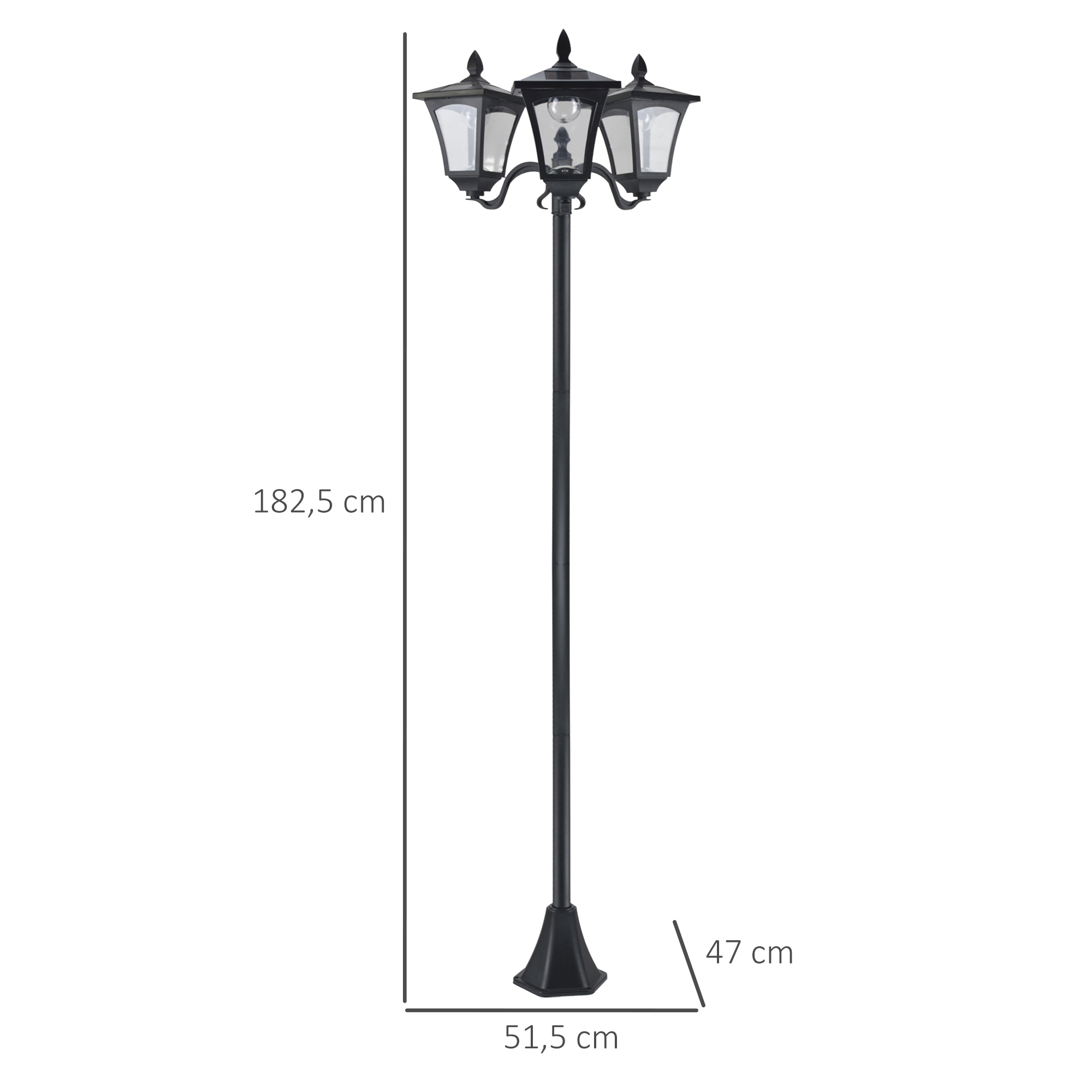 Solar Gartenlaterne mit 3 flammig Laterne Mast aus Edelstahl Solarlaterne mit LED 120 Lumen 51,5x47x182,5cm Wegeleuchte IP44 für Garten Balkon Schwarz