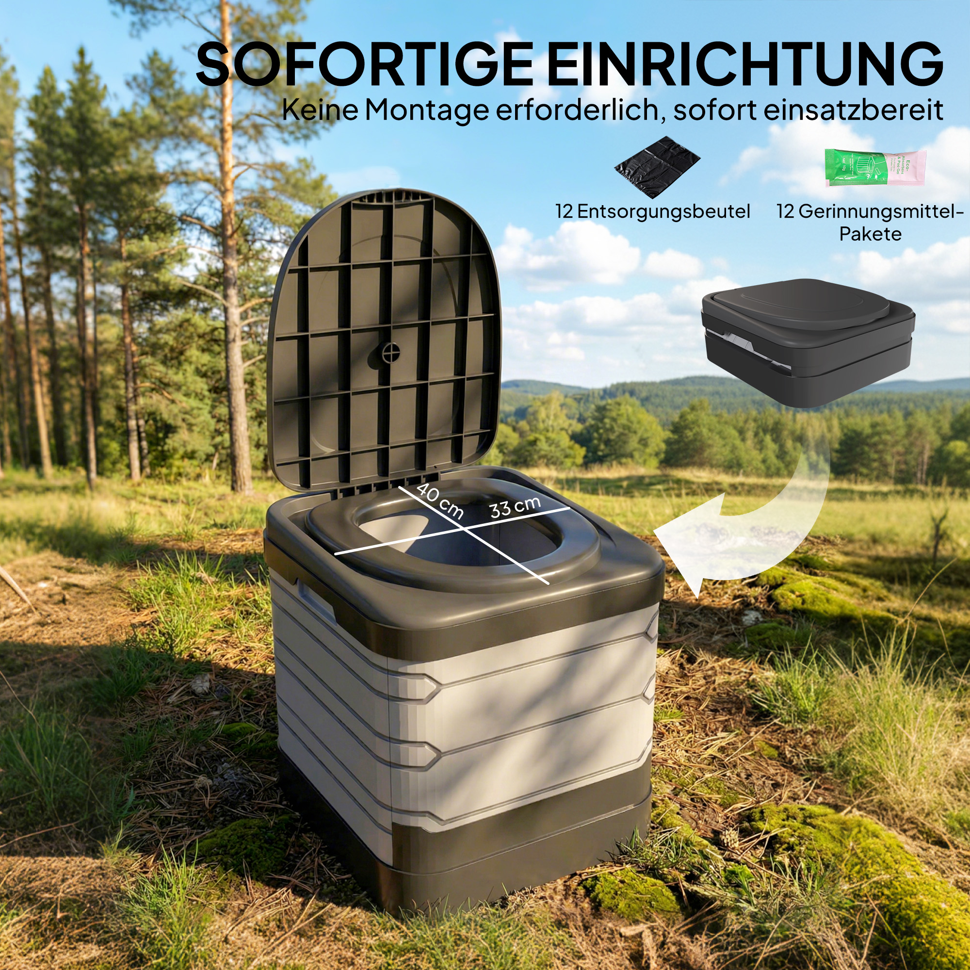 Campingtoilette Faltbare Reisetoilette bis 150 kg mit 12 Gerinnungspulver-Päckchen 12 Entsorgungsbeuteln 42 x 46 x 43,5 cm Grau