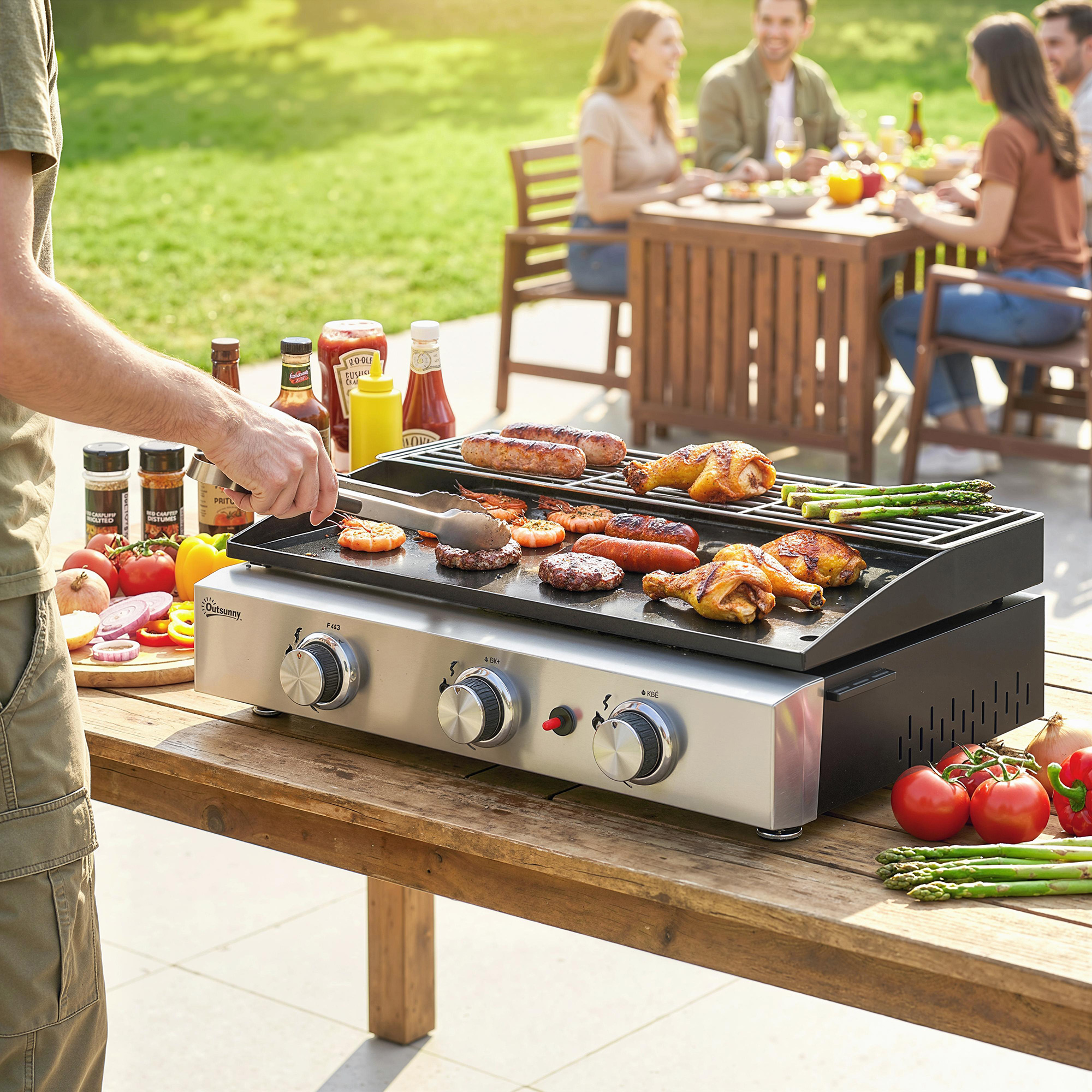 Gasgrill 7,5 KW Tragbarer Tischgrill mit 3 Brenner Keramische Lackbeschichtung Grillrost Warmhalterost