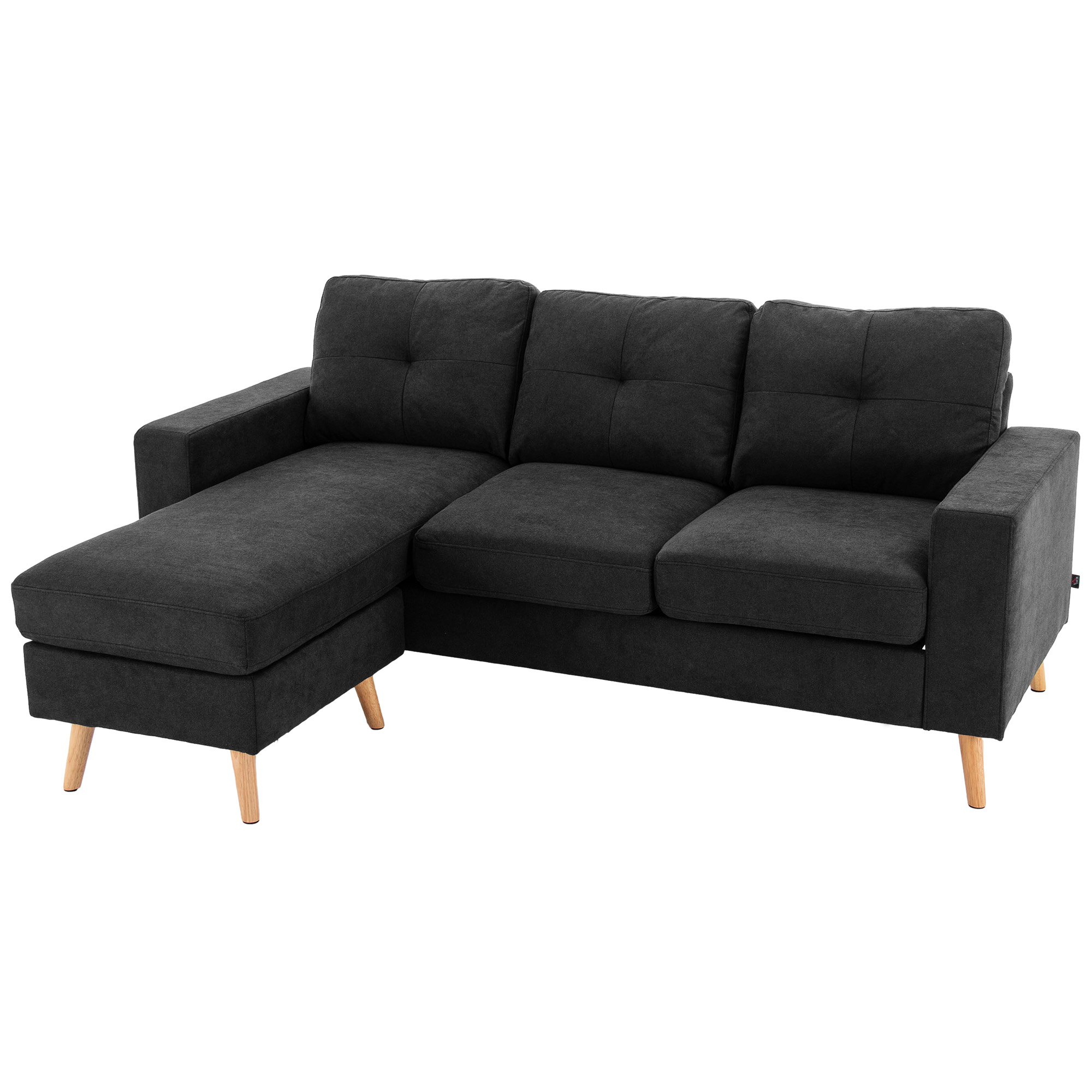 3-Sitzer-Sofa Sofa Couch Ecksofa, mit Chaiselongue, Knopfheftung, 193 x136 x 85 cm, Schwarz