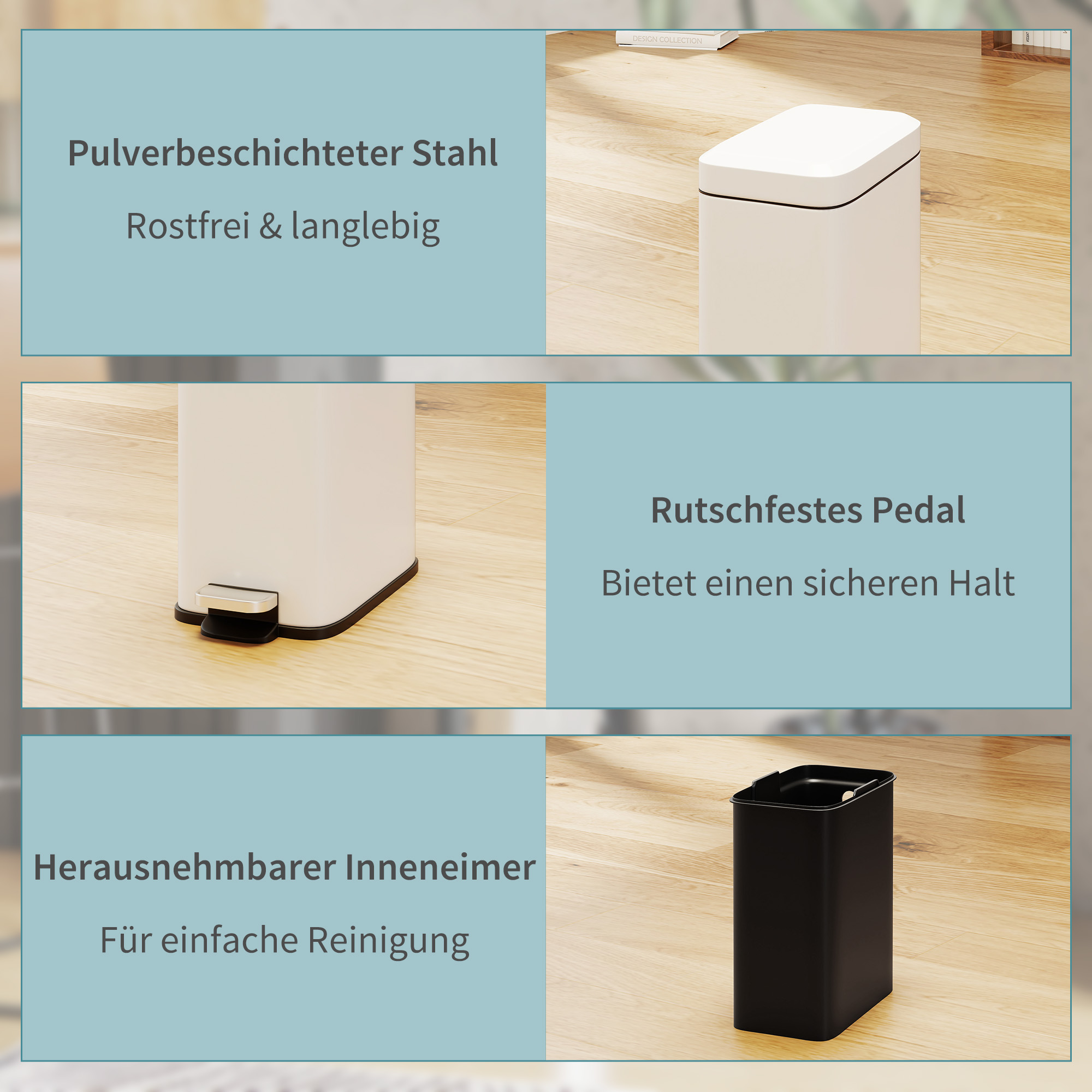 Mülleimer aus Metall, Abfalleimer, 5 L Fassungsvermögen, mit Fußpedal, mit Inneneimer, Weiß