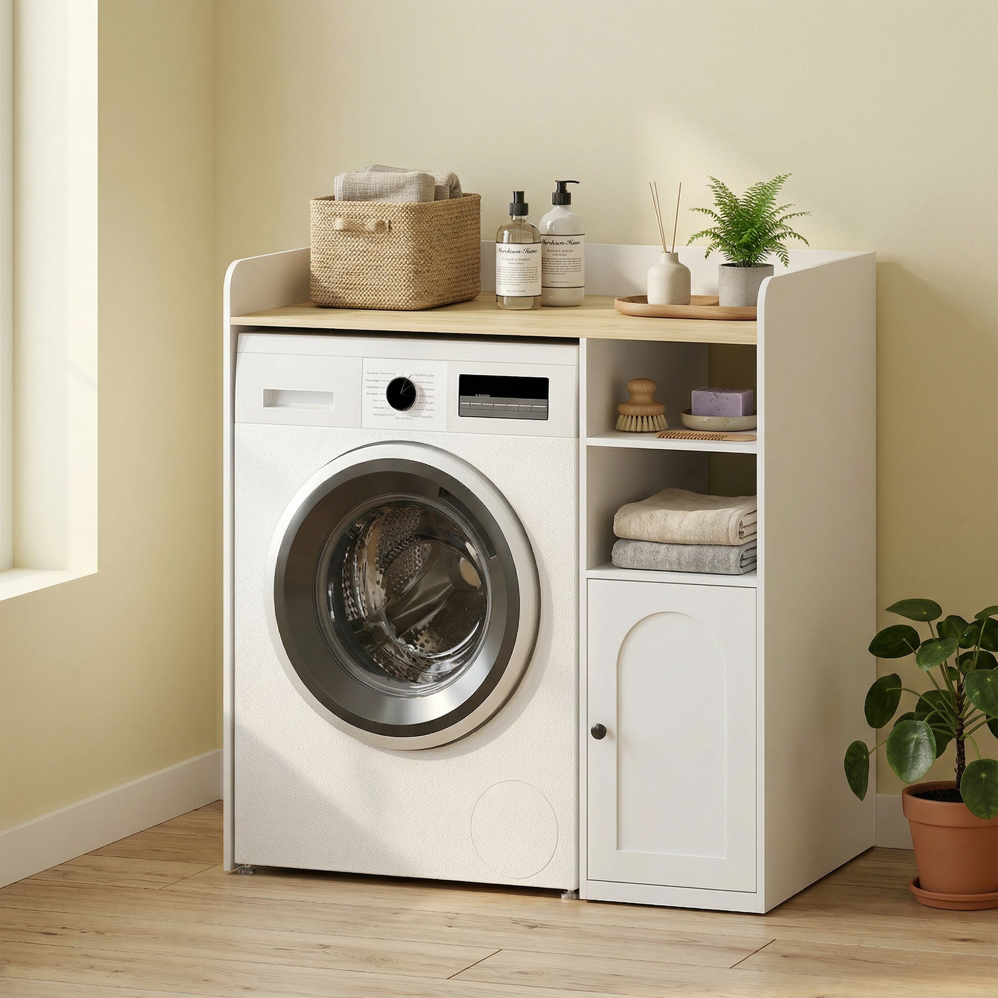Schrank über der Waschmaschine mit Soft-Close-Scharnieren, moderner Bad-Organizer über der Toilette mit offenen Ablagefächern