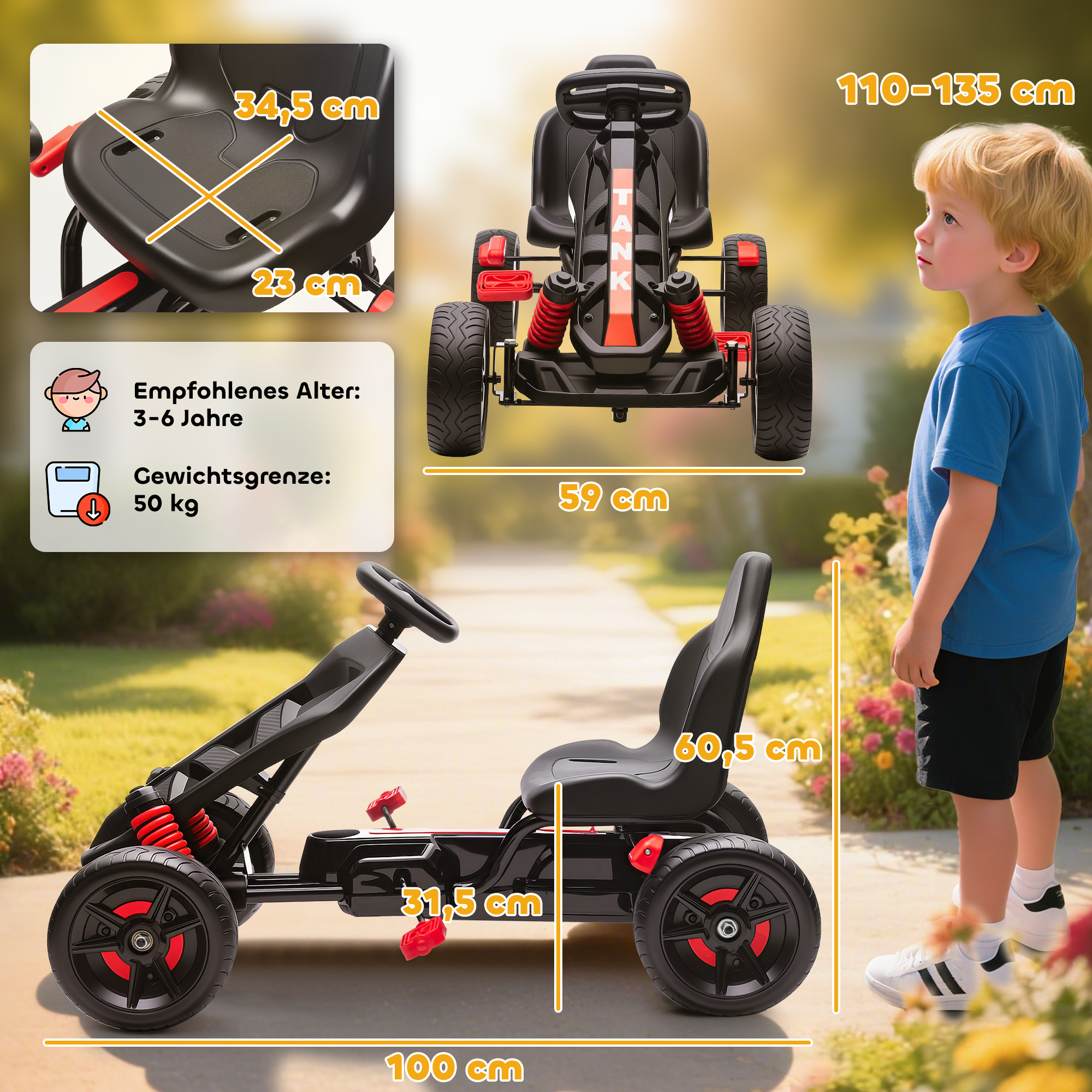 Gokart mit Pedalen, Tretauto für Kinder mit Bremse, rutschfeste Räder, Metallrahmen, 3-6 Jahre, Rot