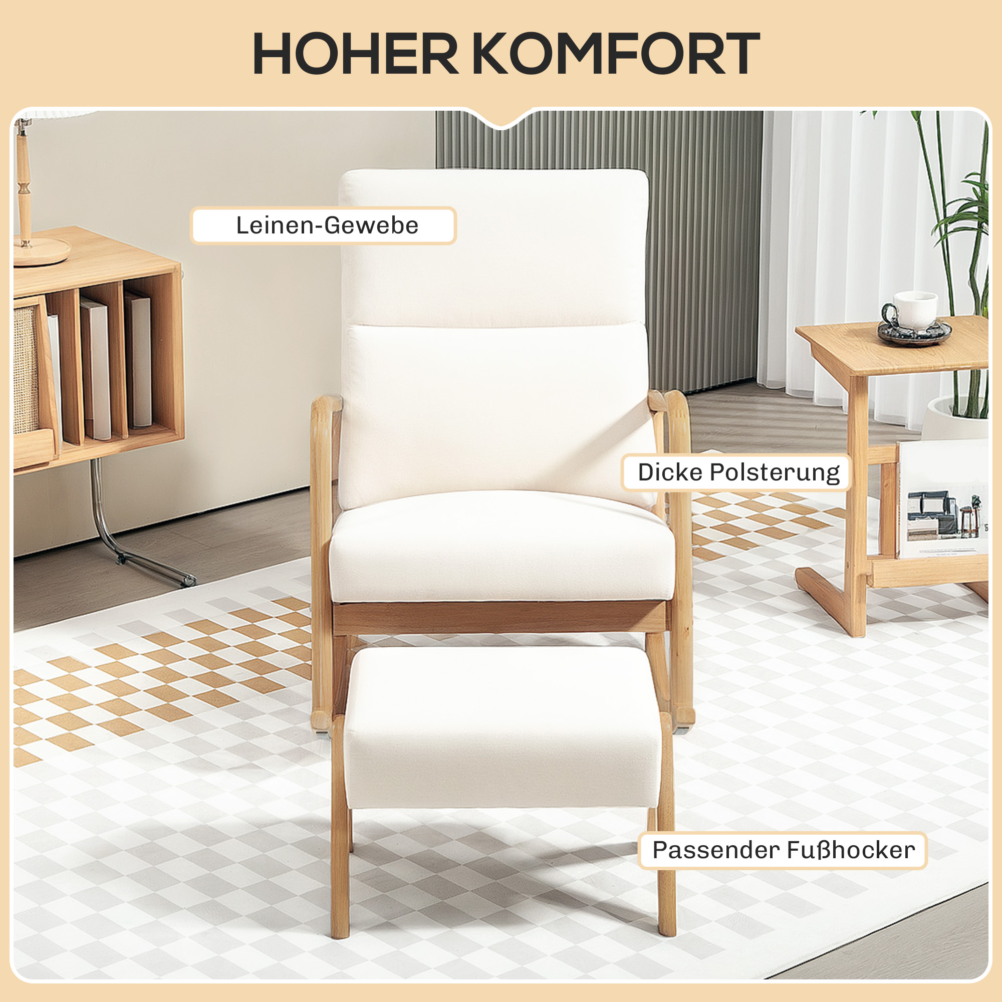 Schaukelstuhl mit Hocker, weiche Polsterung, Leinenoptik, Holzrahmen, Cremeweiß