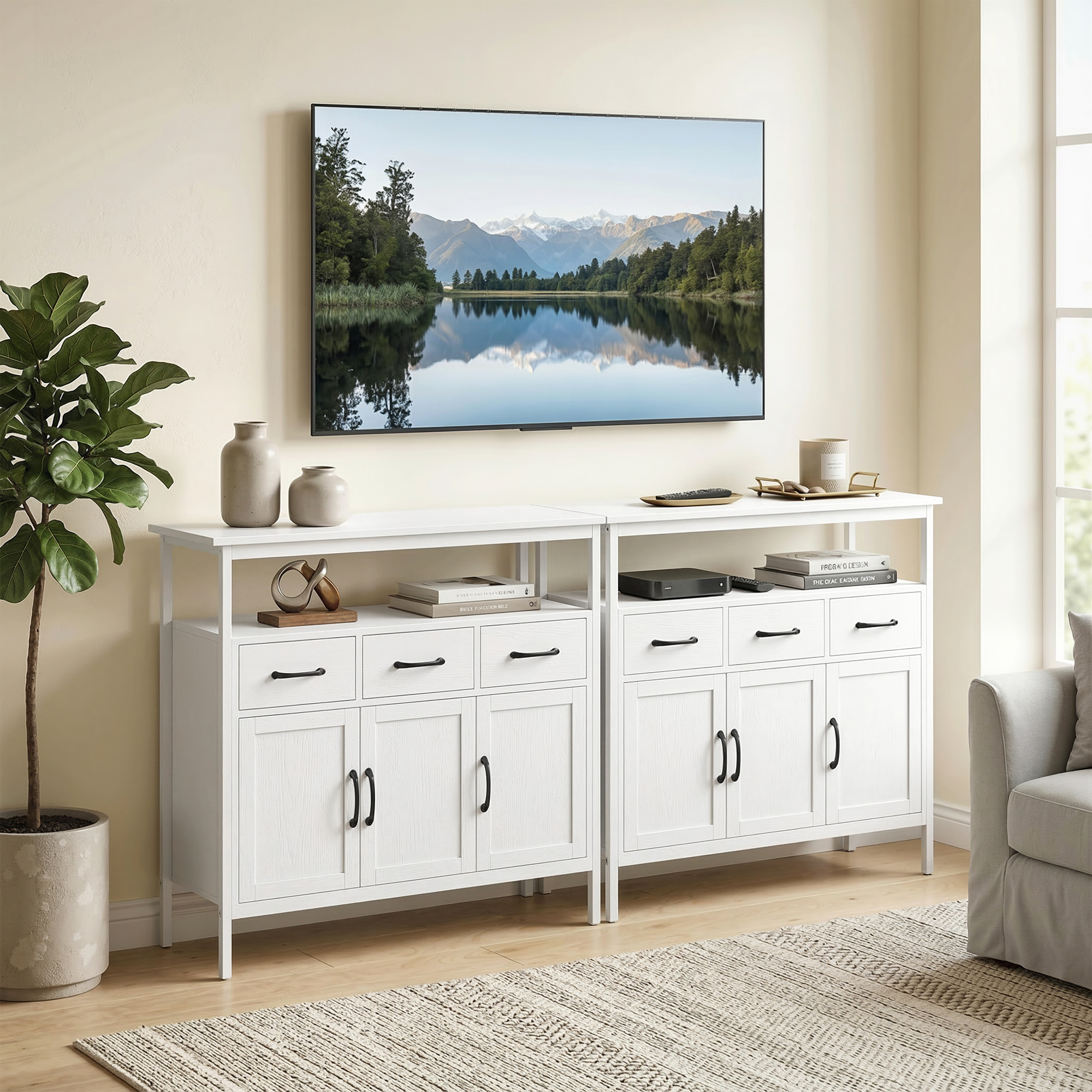 Sideboard mit verstellbaren Einlegeböden, Buffet-Schrank mit 3 Schubladen, 3 Türen , 95 cm, Weiß