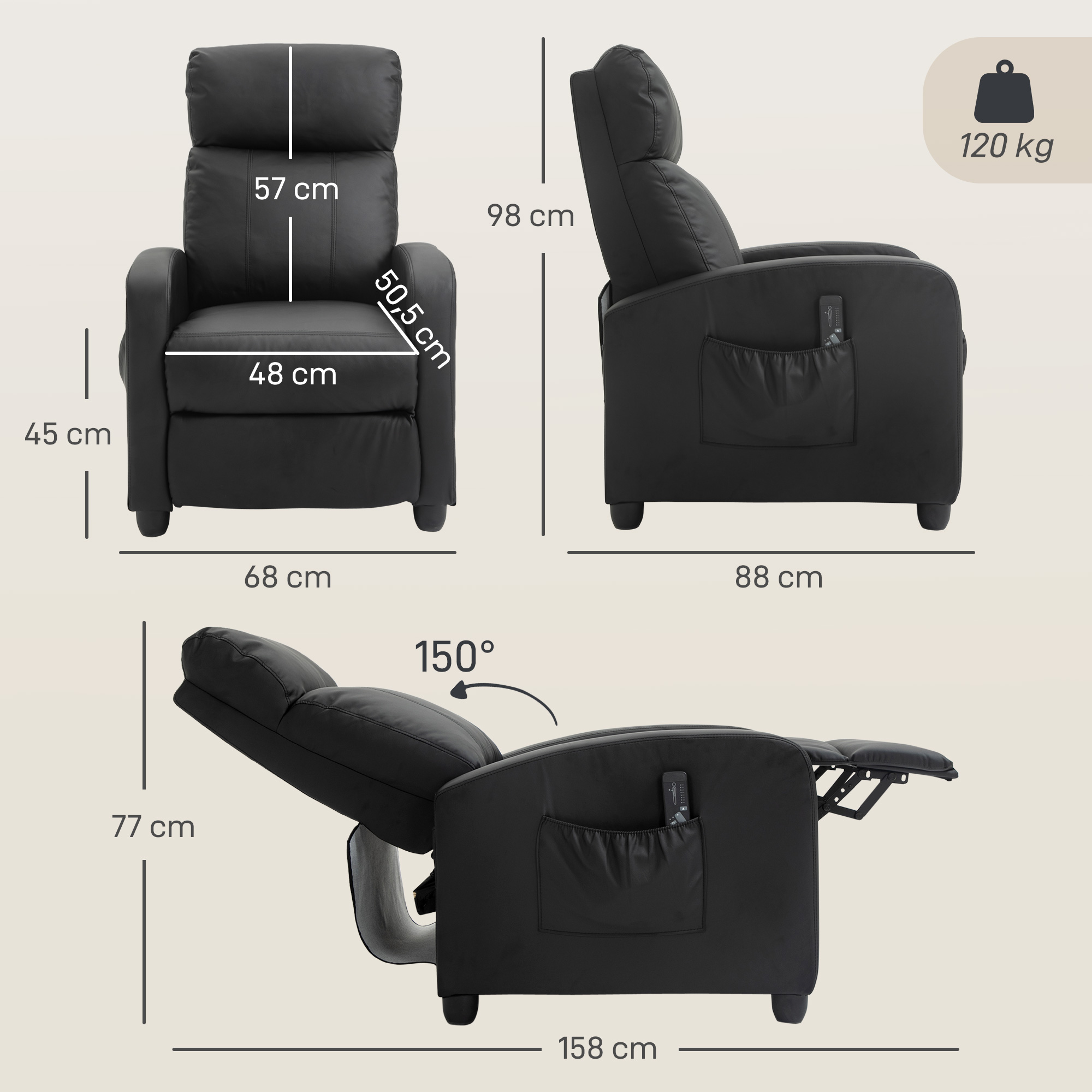 Relaxsessel Fernsehsessel mit Vibrationsmassage, Liegefunktion, 2 Massagepunkte, Fernbedienung, 68 x 88 x 98 cm Schwarz
