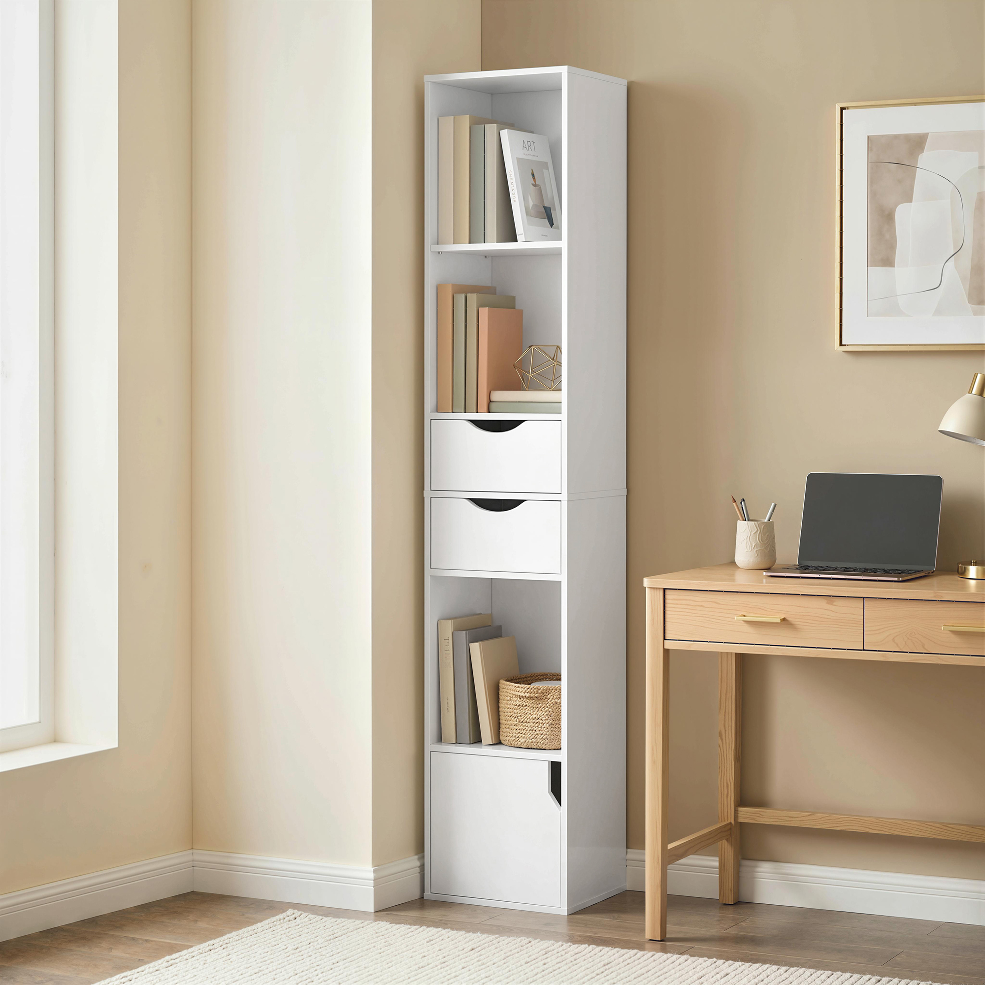 Bücherregal mit 2 Schubladen, Schmaler Bücherschrank mit 3 offenen Regalebenen, für Büro, Schlafzimmer 30x24x158cm Weiß