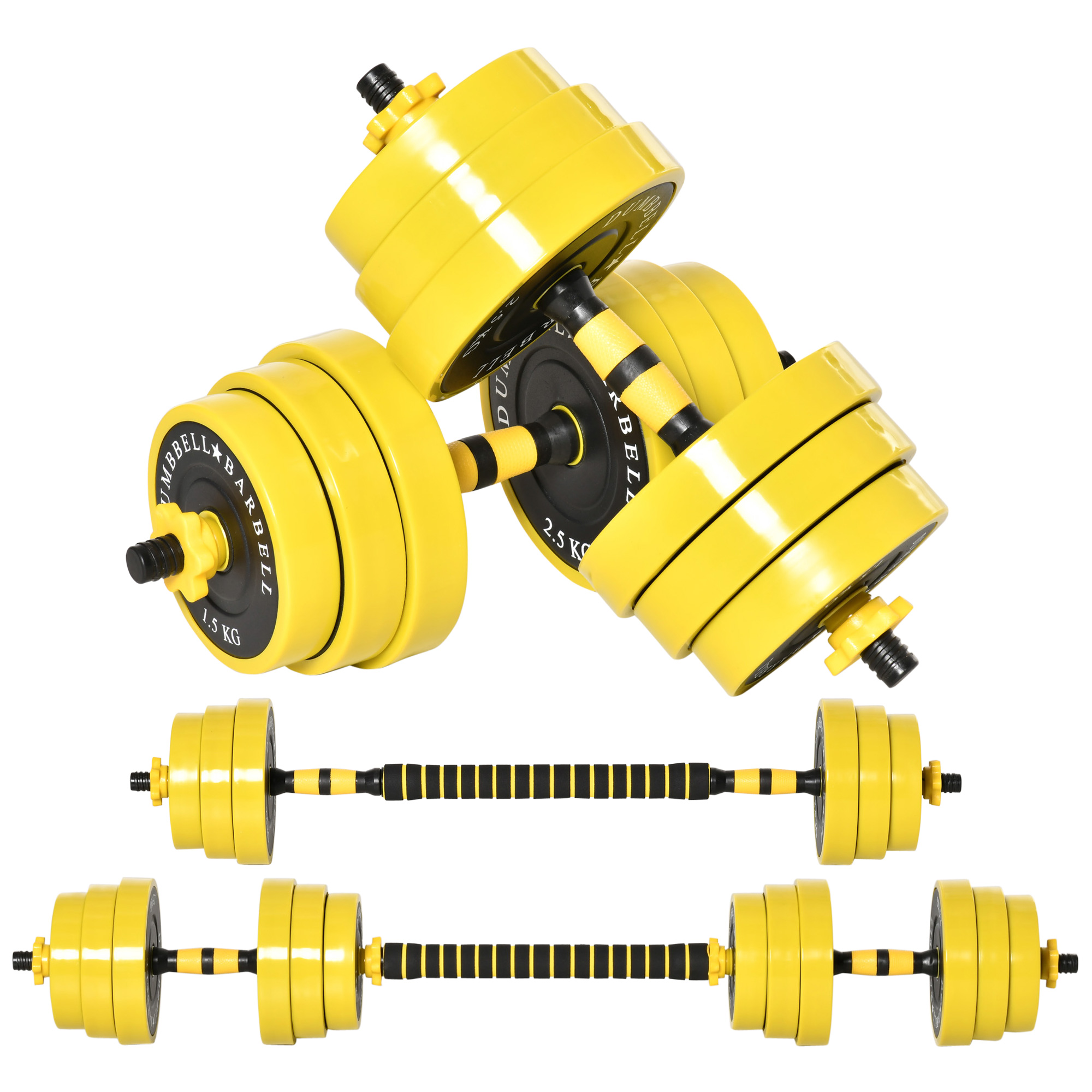 25 kg Hantel & Langhantel, einstellbare ergonomische 3-in-1 Hantelset,12 × Platten,2 × Kurze Stöcke,1 × Langer Stock,Gelb+Schwarz