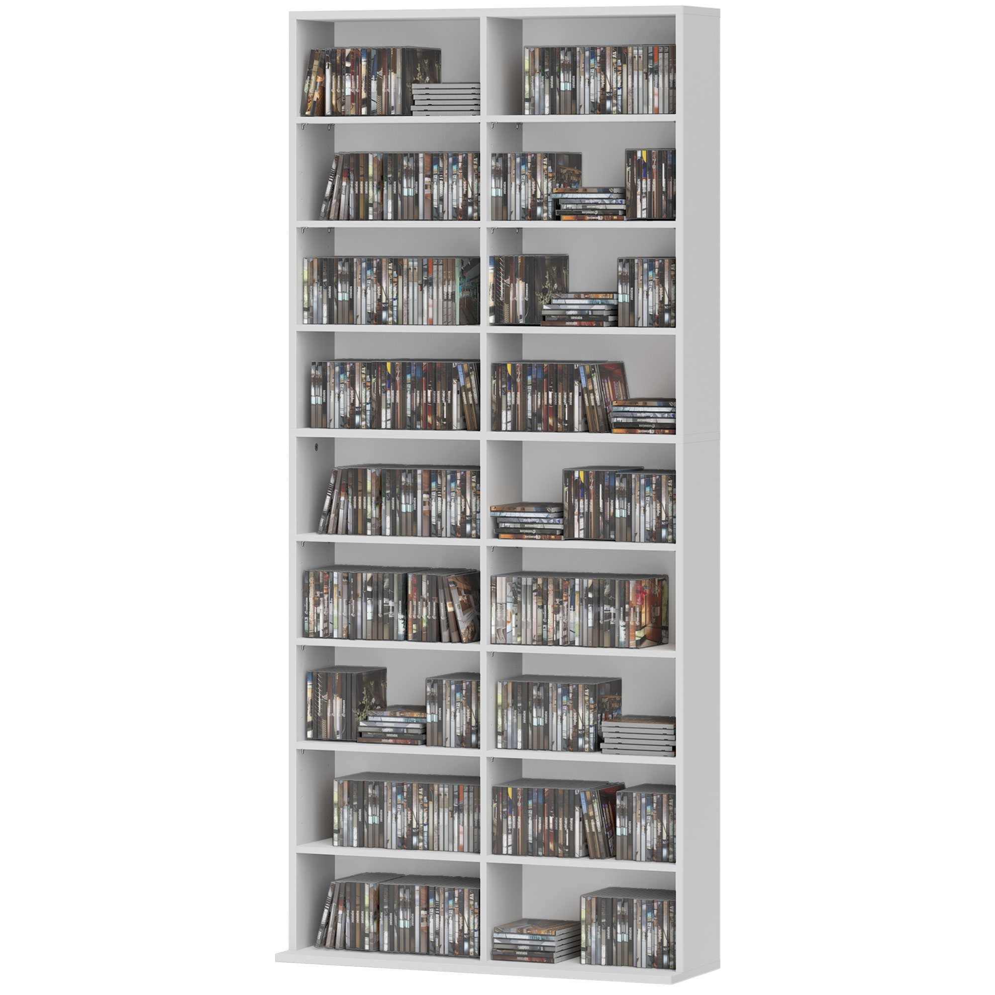 DVD-Regal, CD-Aufbewahrungsregal, 14 anpassbare Regale, 18 Fächer, 175 cm, Blu-ray-Regal, Spanplatte, Weiß