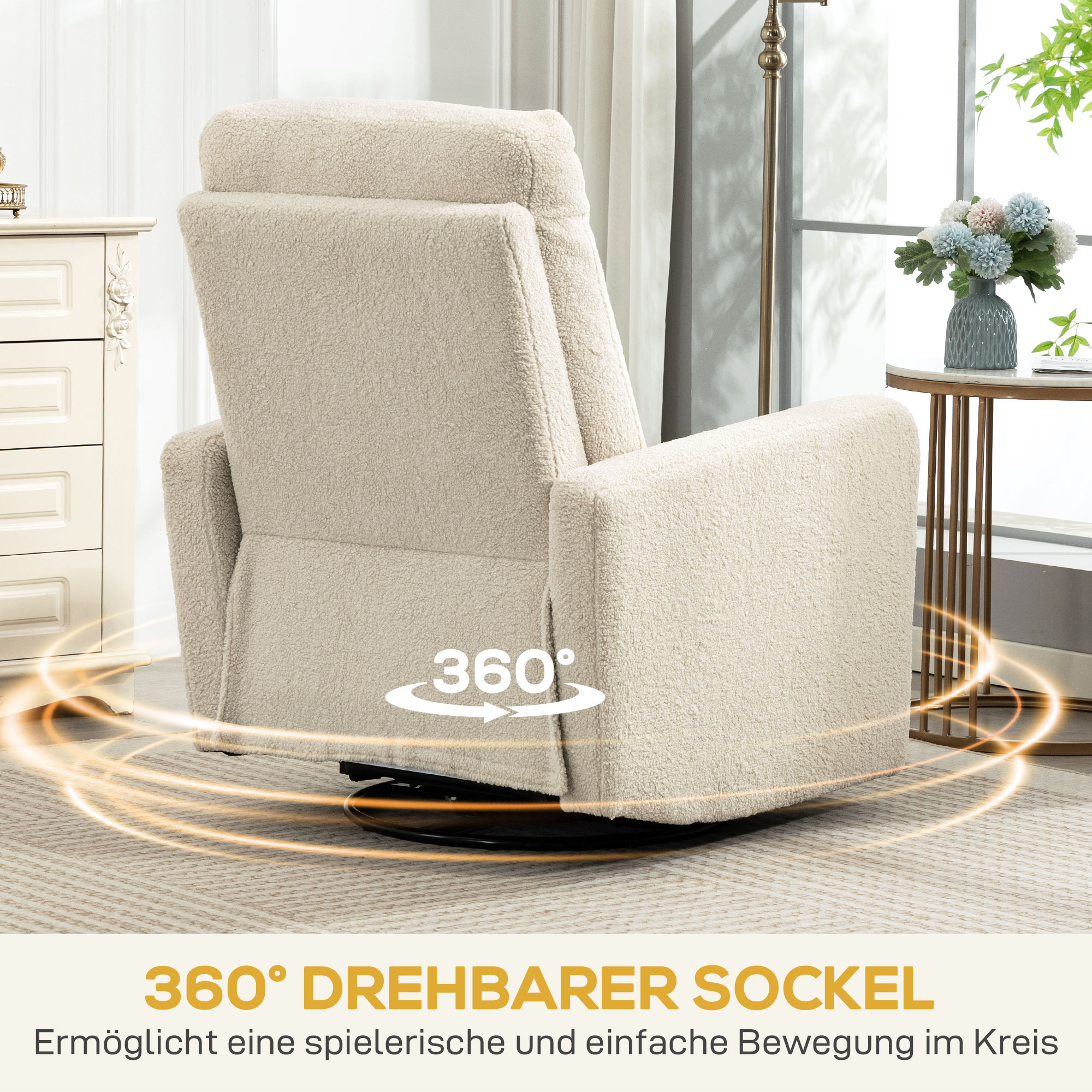 Recliner-Sessel, Entspannungssessel mit Fleece-Bezug, verstellbare Rückenlehne, Polstersessel, Stahl, Beige