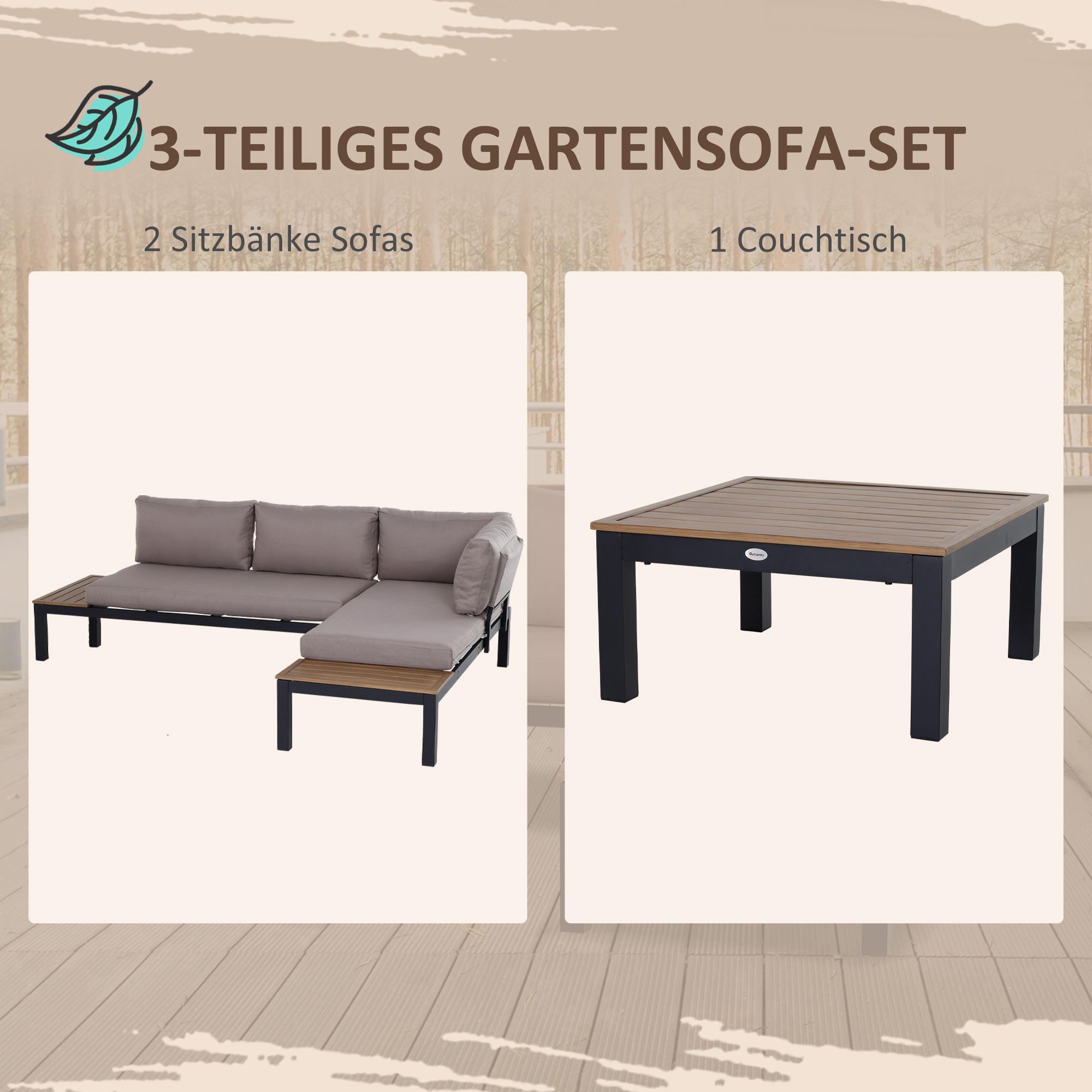 Gartenmöbel-Set für 3 Personen mit Beistelltisch, Sofa mit Kissen, Outdoor, Aluminium, 164 x 74 x 69 cm