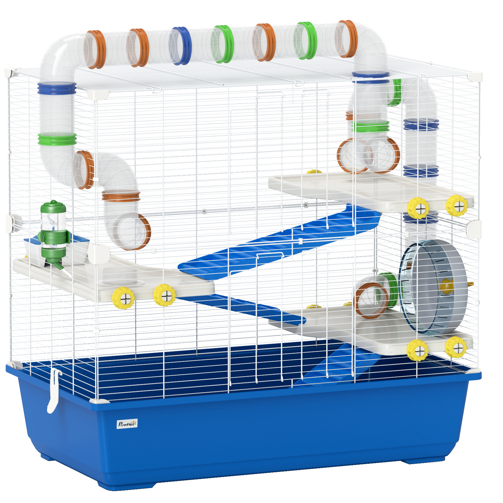 Hamsterkäfig mit 4 Ebenen, Kleintierkäfig mit Tunnelsystem, Hütte, Laufrad, für Zwerghamster, 78 x 45 x 73 cm, Blau
